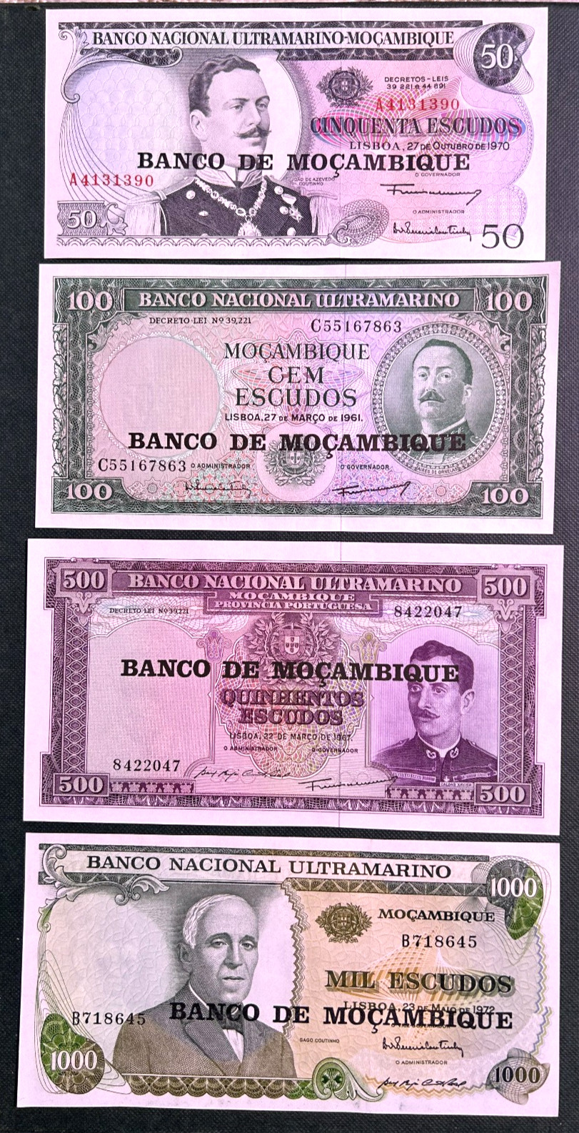 PORTUGUESE - MOZAMBIQUE  1976  50, 100, 500, 1000  ESCUDOS P-116, 117, 118, 119