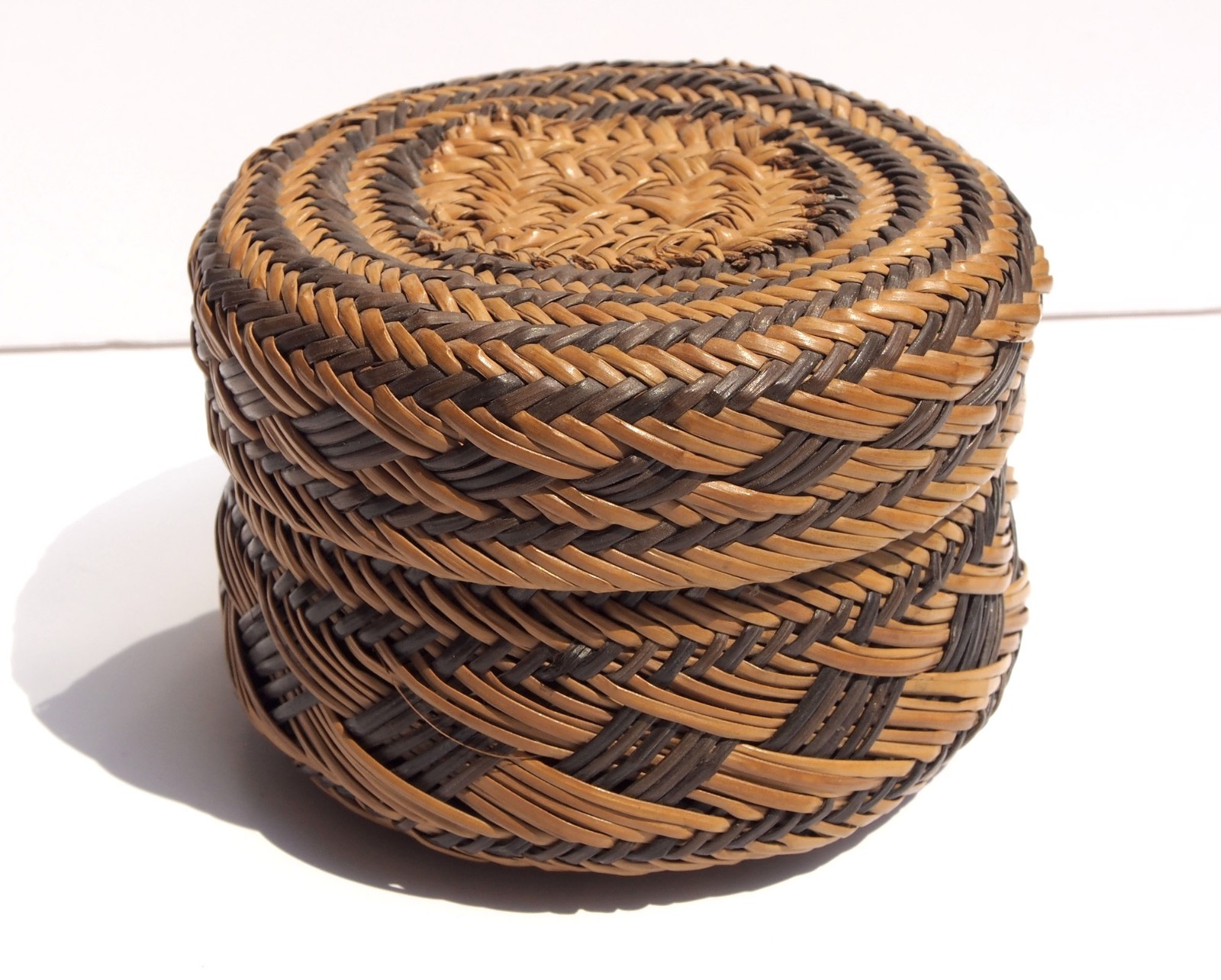Vintage Mexican Tarahumara Double-Weave Round Lidded Pine Needle Basket