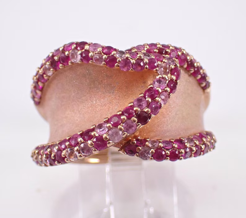 2Ct Round Lab Created Pink Sapphire & Ruby Band Ring 14K Rose Gold Plated Silver