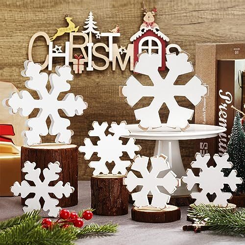 Huwena 6 Pcs Christmas Tiered Tray Decor Wooden Winter Snowflake Fresh Style