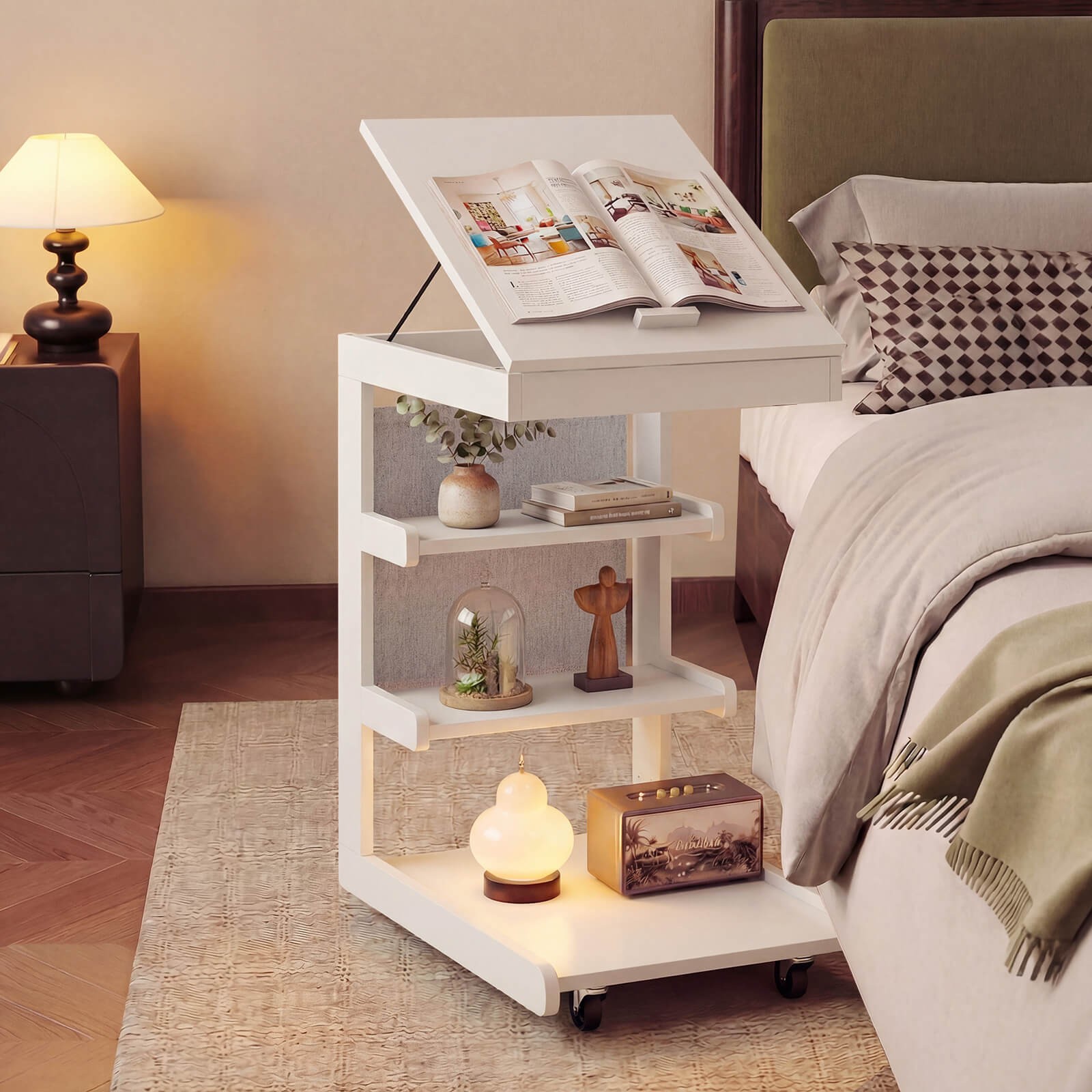 2PCS C-shaped End Table w/Wheels Adjustable Desktop Edge Stopper Storage Pocket