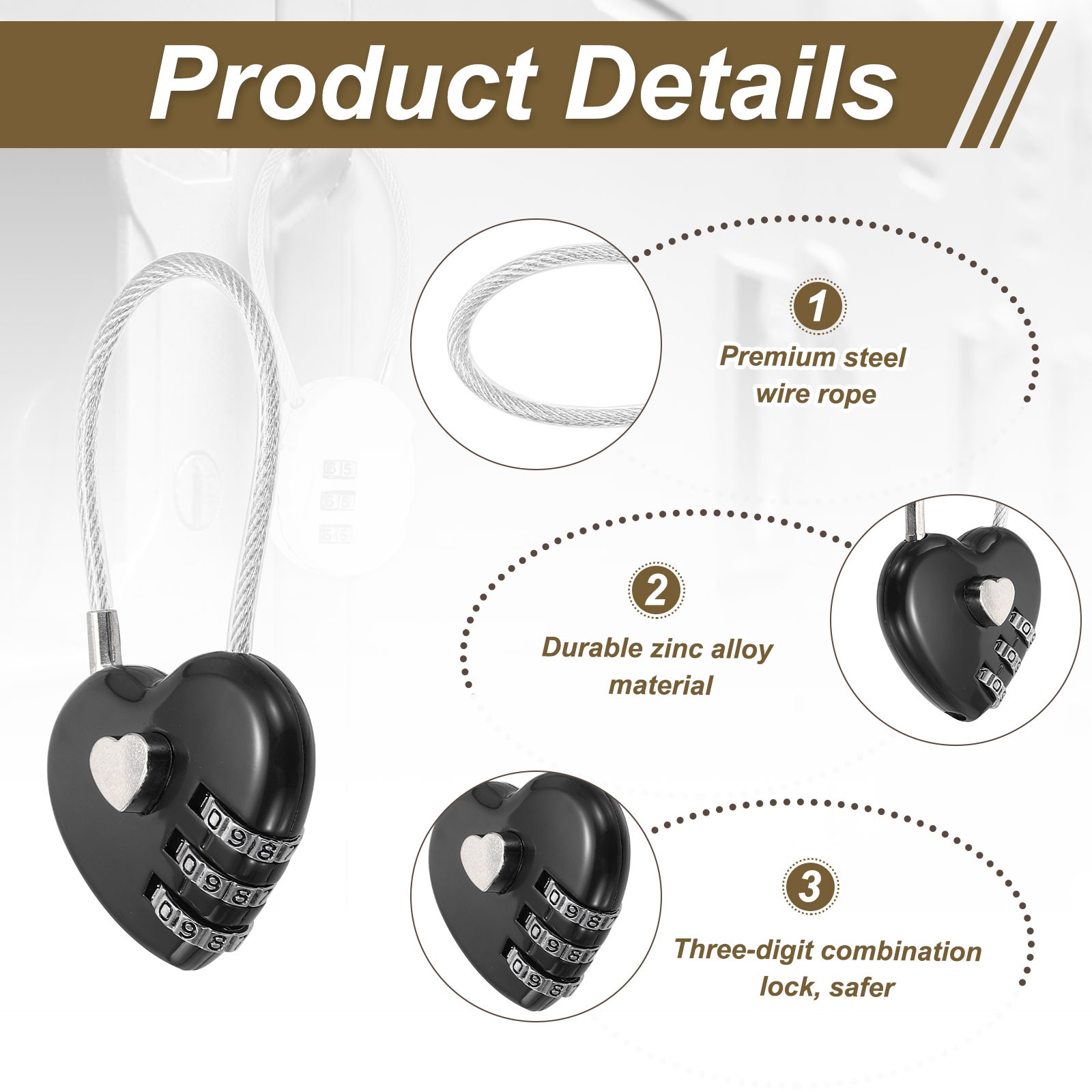 1-Pack Combination Padlock, 3 Digit Heart Shaped Cable Luggage Lock [Black]