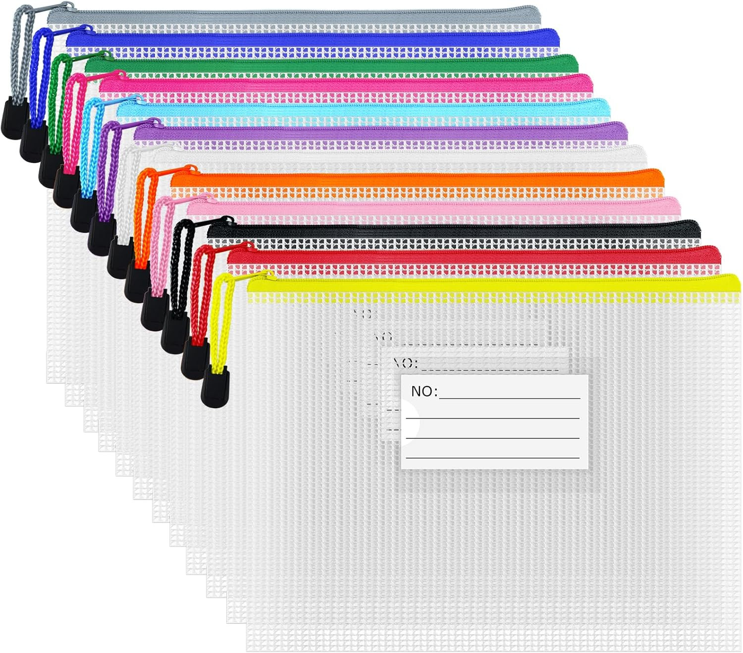 Plastic Mesh Zipper Pouch, 12Pcs Zipper File Bags with Label Pocket, A5 Size 9.2