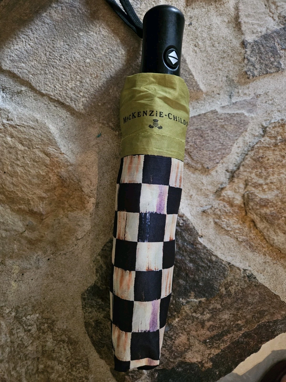 Mackenzie Child Courtly Check Travel Rain Umbrella Black & White Checkerboard