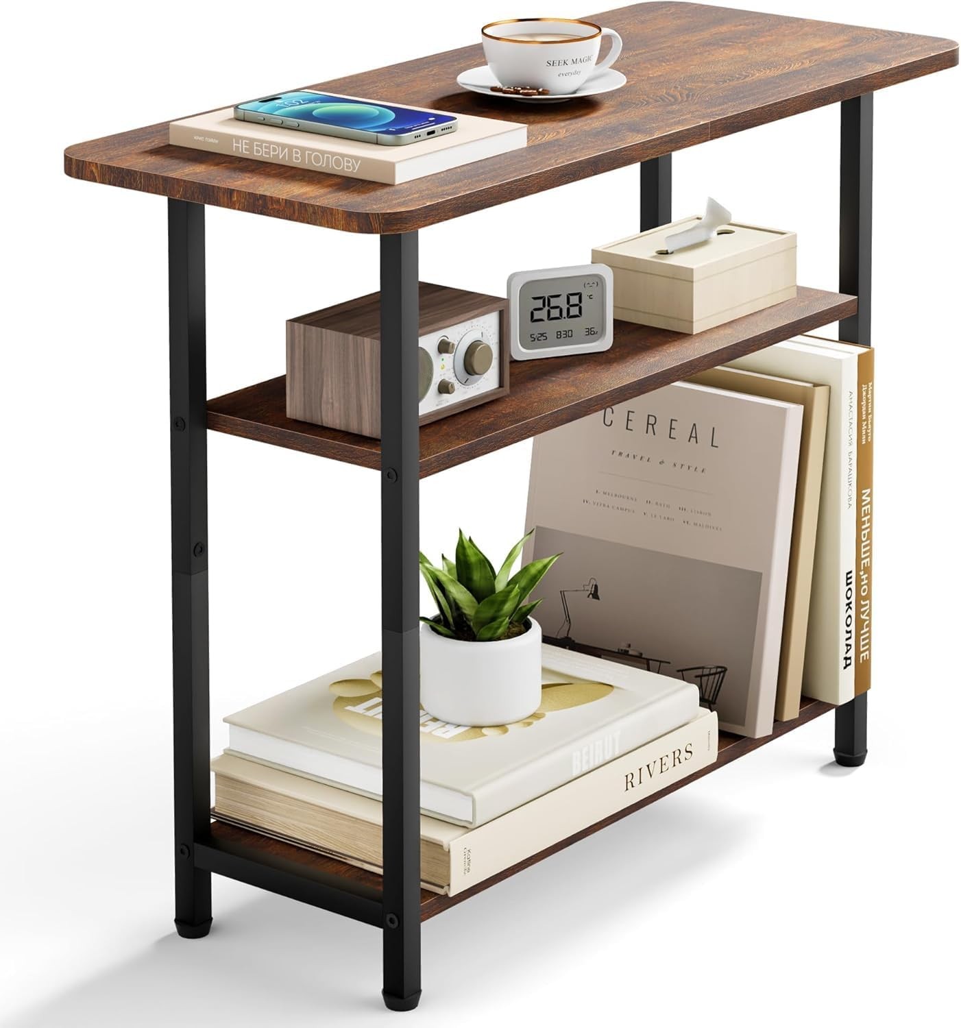 Side Table Living Room 3-Tier End Table Small Space W/ Wide Storage Tabletop