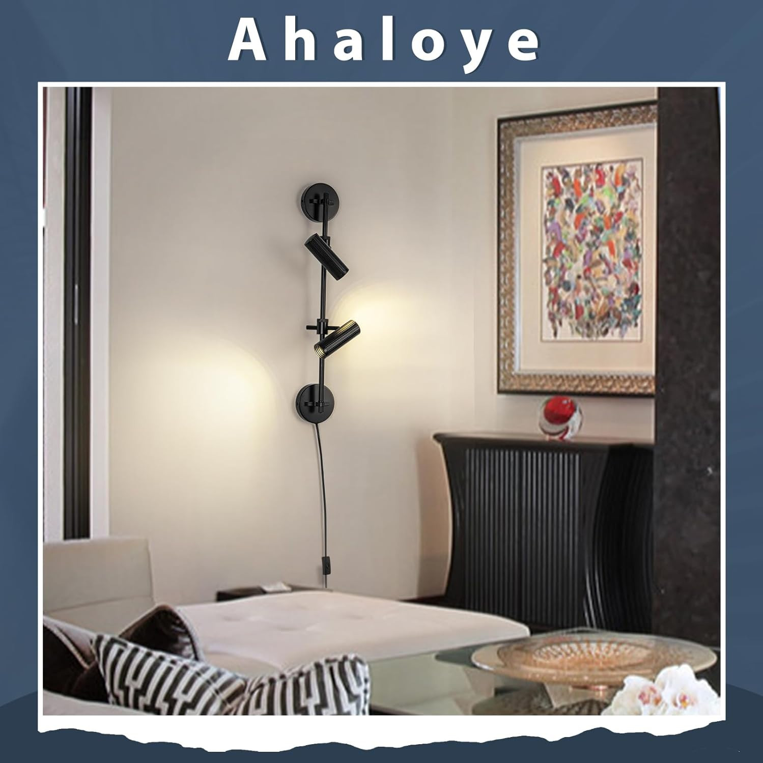 Plug in Wall Sconces, Black 2 Lights Rotatable Wall Lamp with Switch Cord Wall