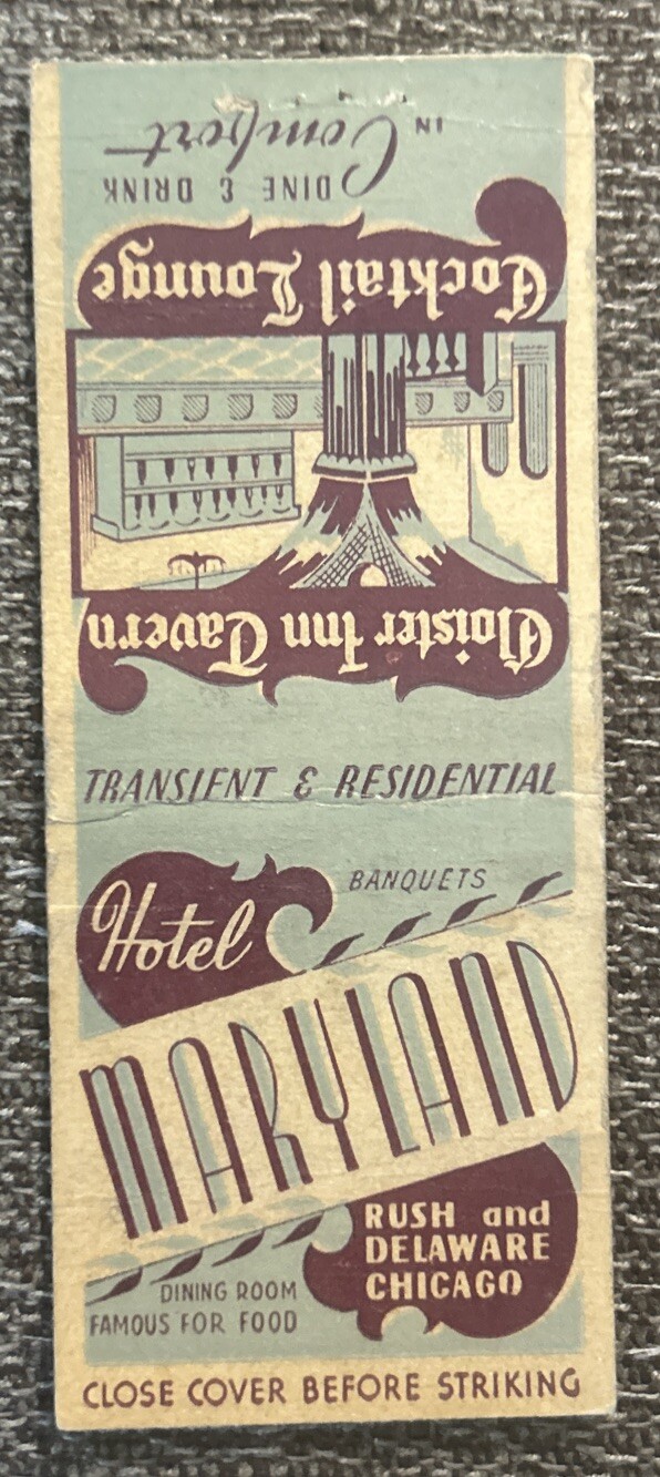Vintage Hotel Maryland Matchbook Cover, Cloister Inn Tavern Cocktail Lounge