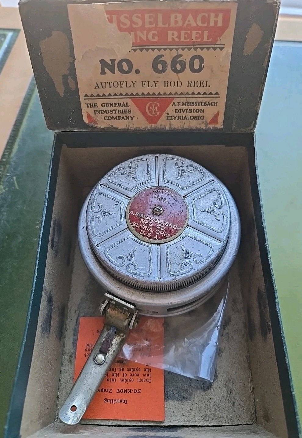 VTG A.F. Meisselbach Autofly Fishing Rod Reel No. 660 Elyria Ohio With Box