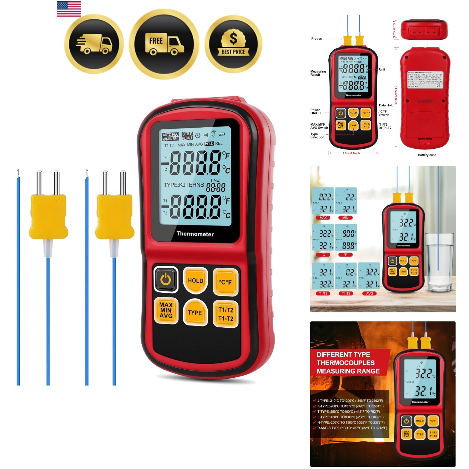 Digital Thermometer Dual Channel Thermometer Temperature Thermometer with Two...