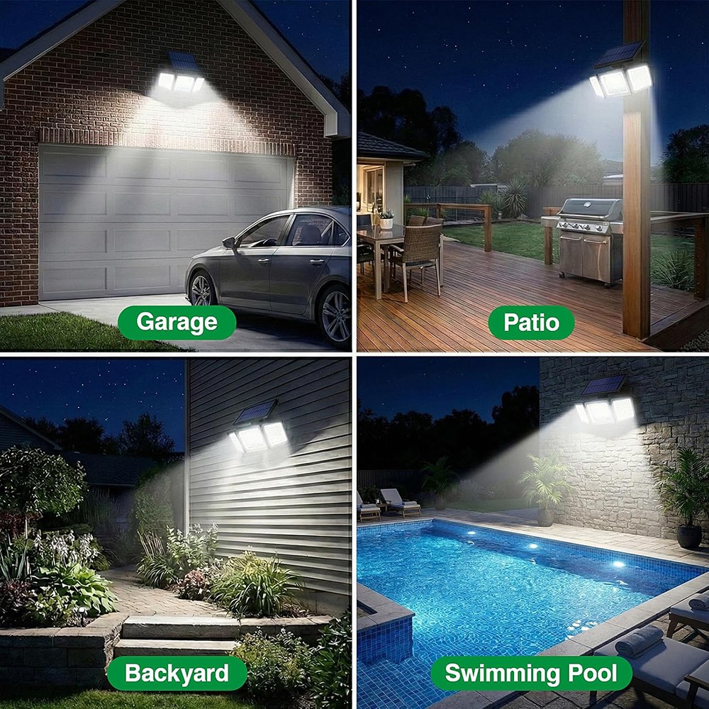 2 Pack Solar Security Light Outdoor 3 head 6500K 3000LM LED Motion Sensor IP65