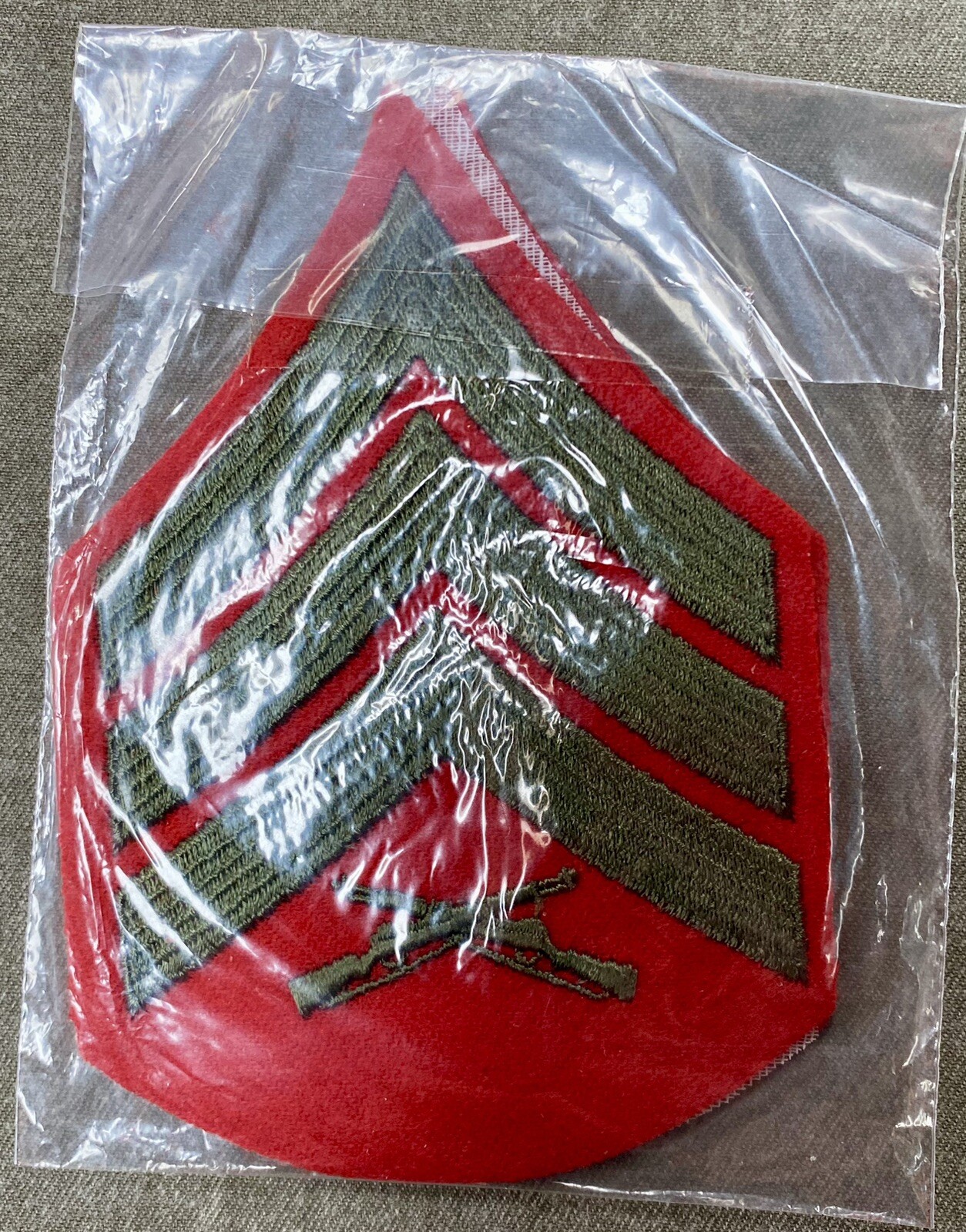 One pair of USMC Chevrons Sergeant green on red Marine Corps Sgt MIB