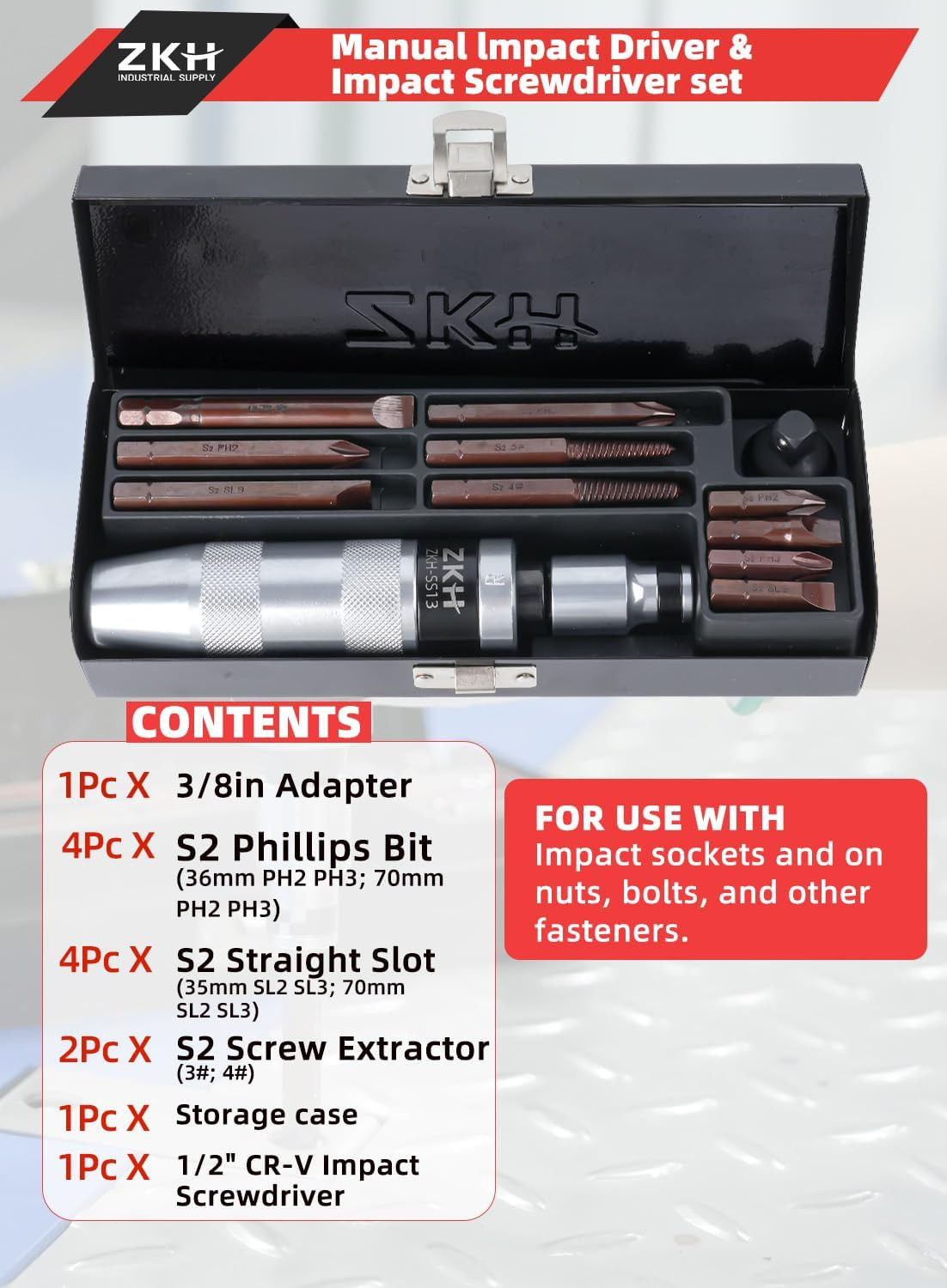 3/8" Hand Impact Screwdriver, 1/2" Manual Reversible Impact Driver Includes 10-P