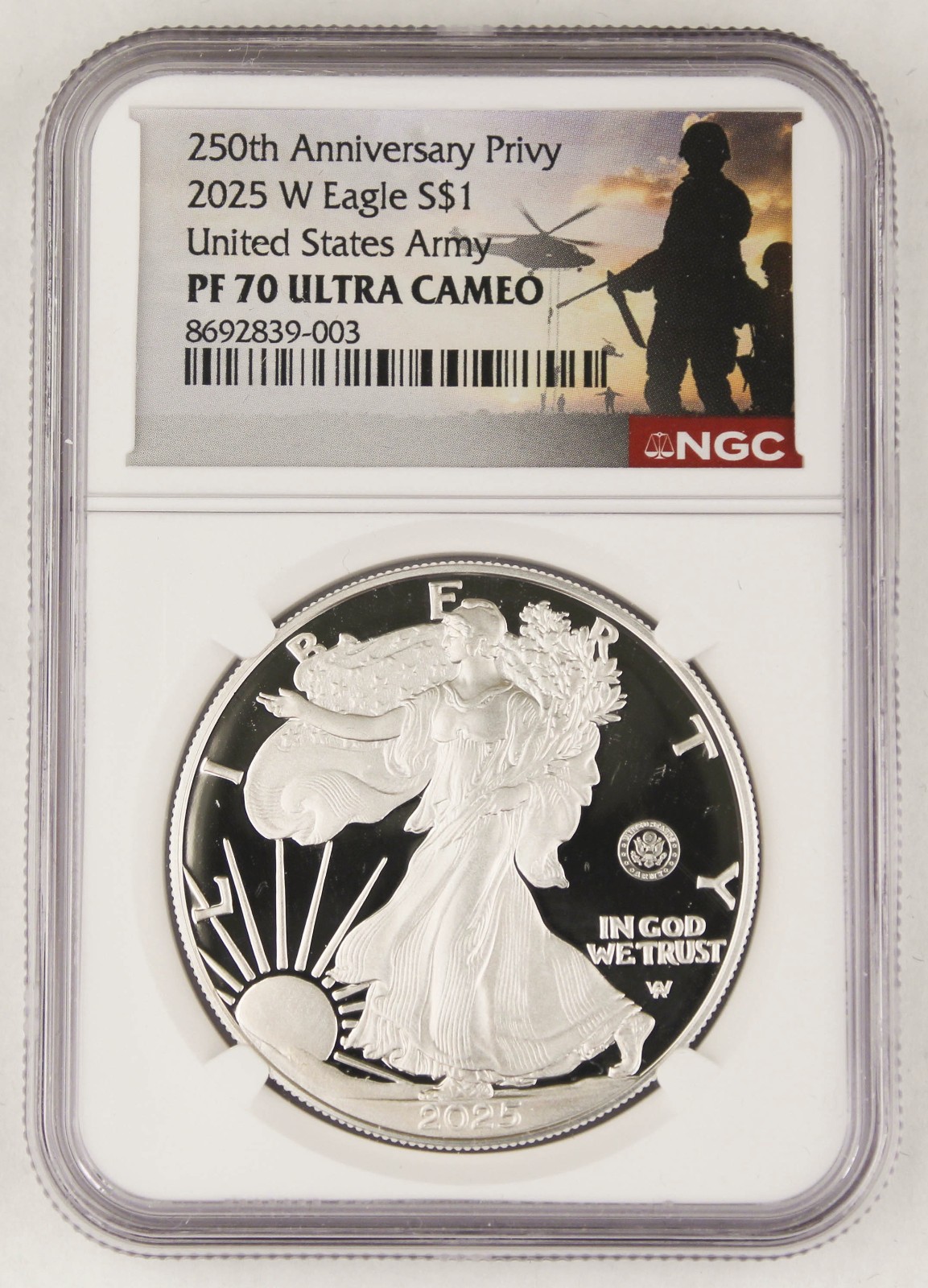 2025 W $1 250th Anniversary Army Privy Proof Silver Eagle NGC PF70 Ultra Cameo