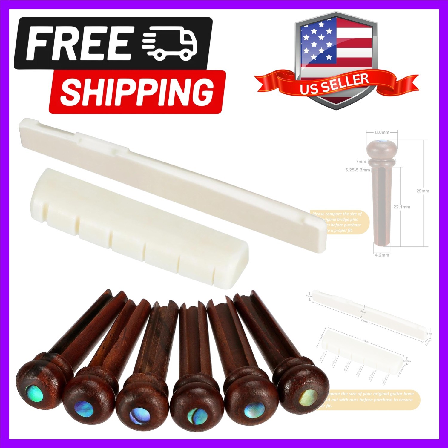 Professional-Grade Rosewood and Bone Bridge Pins and Saddle for Acoustic Guitars