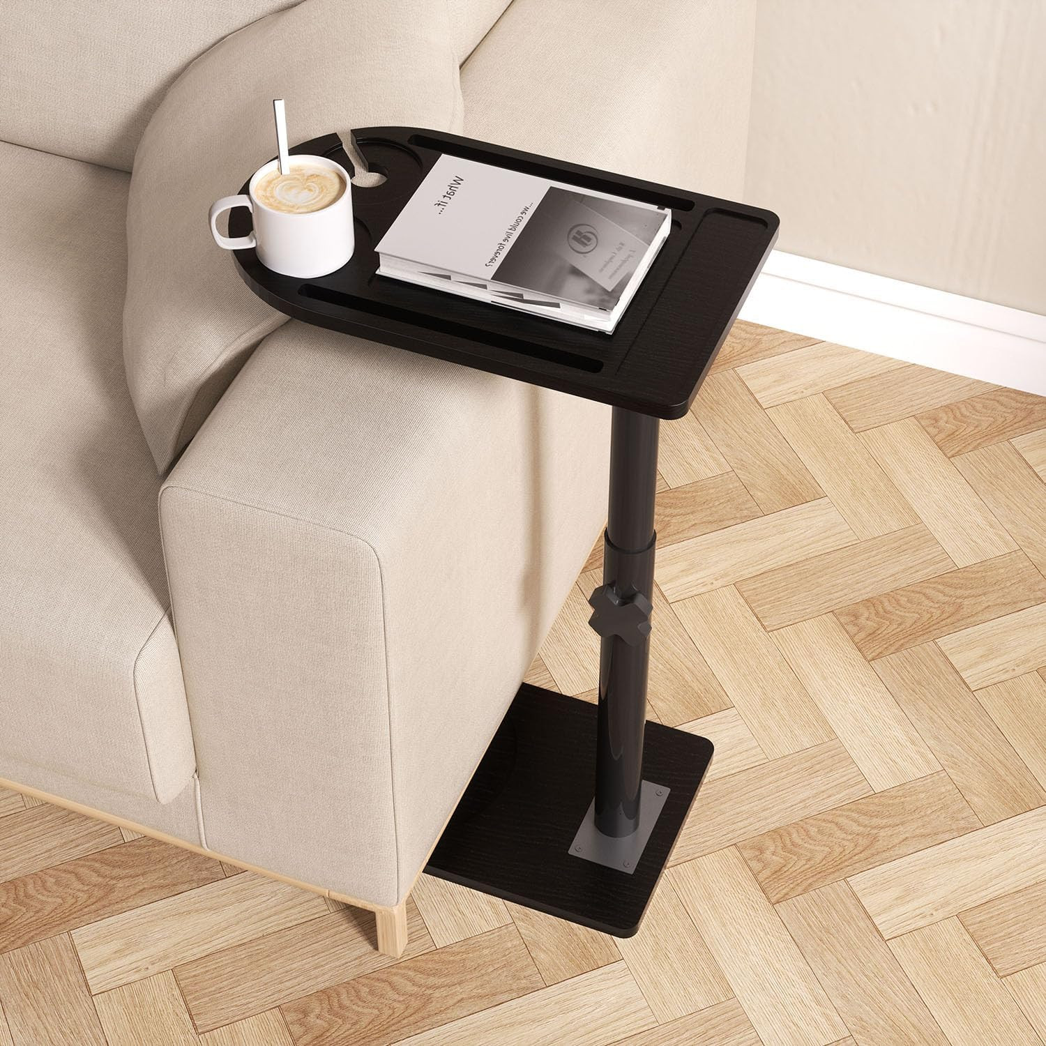 360° Rotatable Sofa Tray Table for Couch Arm - Height Adjustable End Table for B