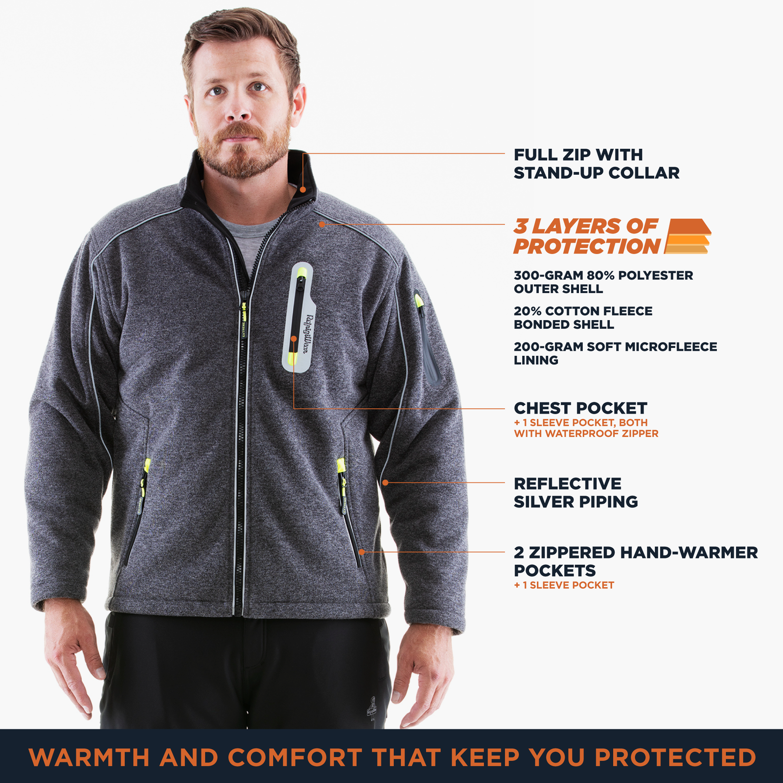RefrigiWear Mens Warm Fleece Lined Extreme Sweater Jacket with Reflective Piping