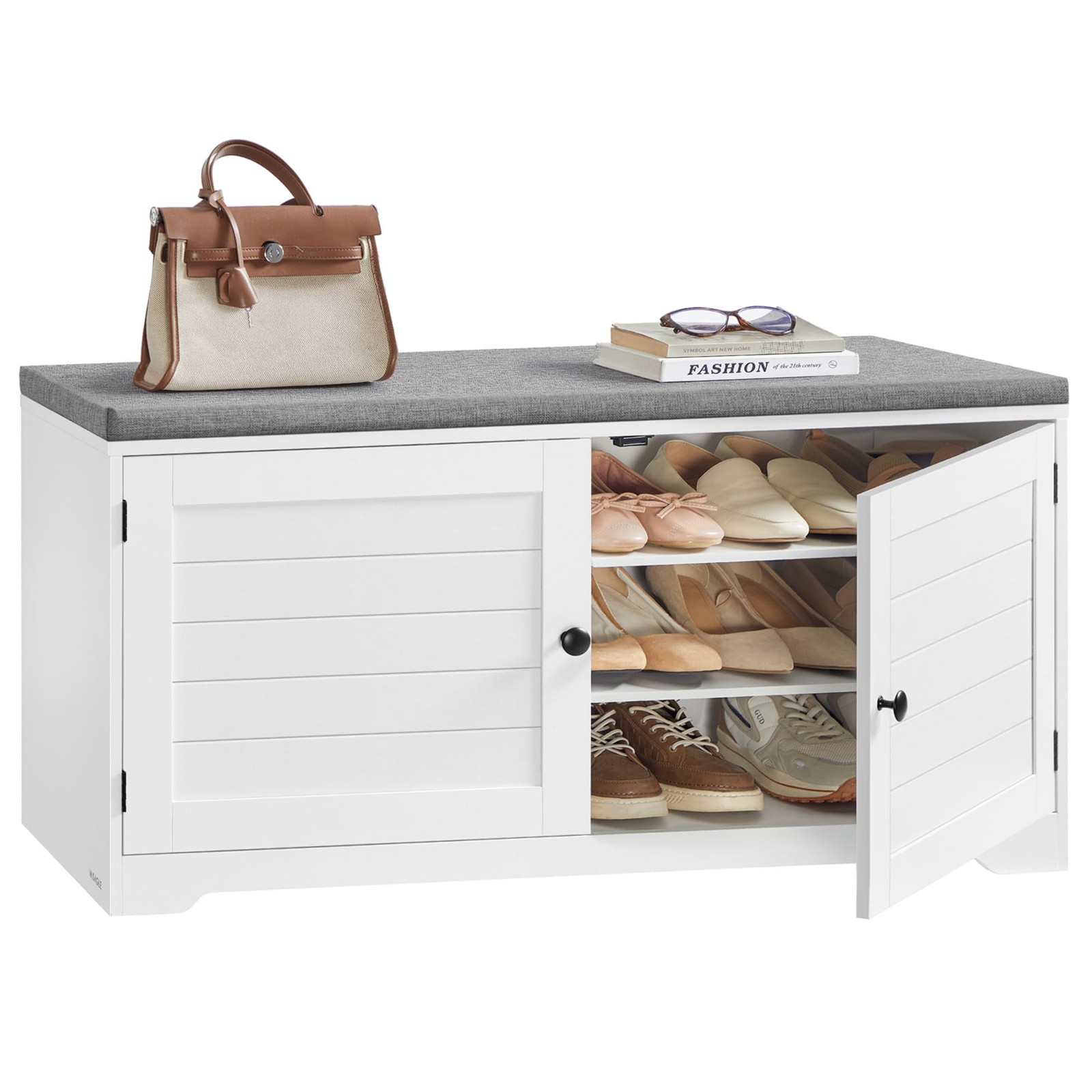 VASAGLE Shoe Storage Bench 14"D x 39.8"W x 20.7"H, Cloud White + Dove Gray