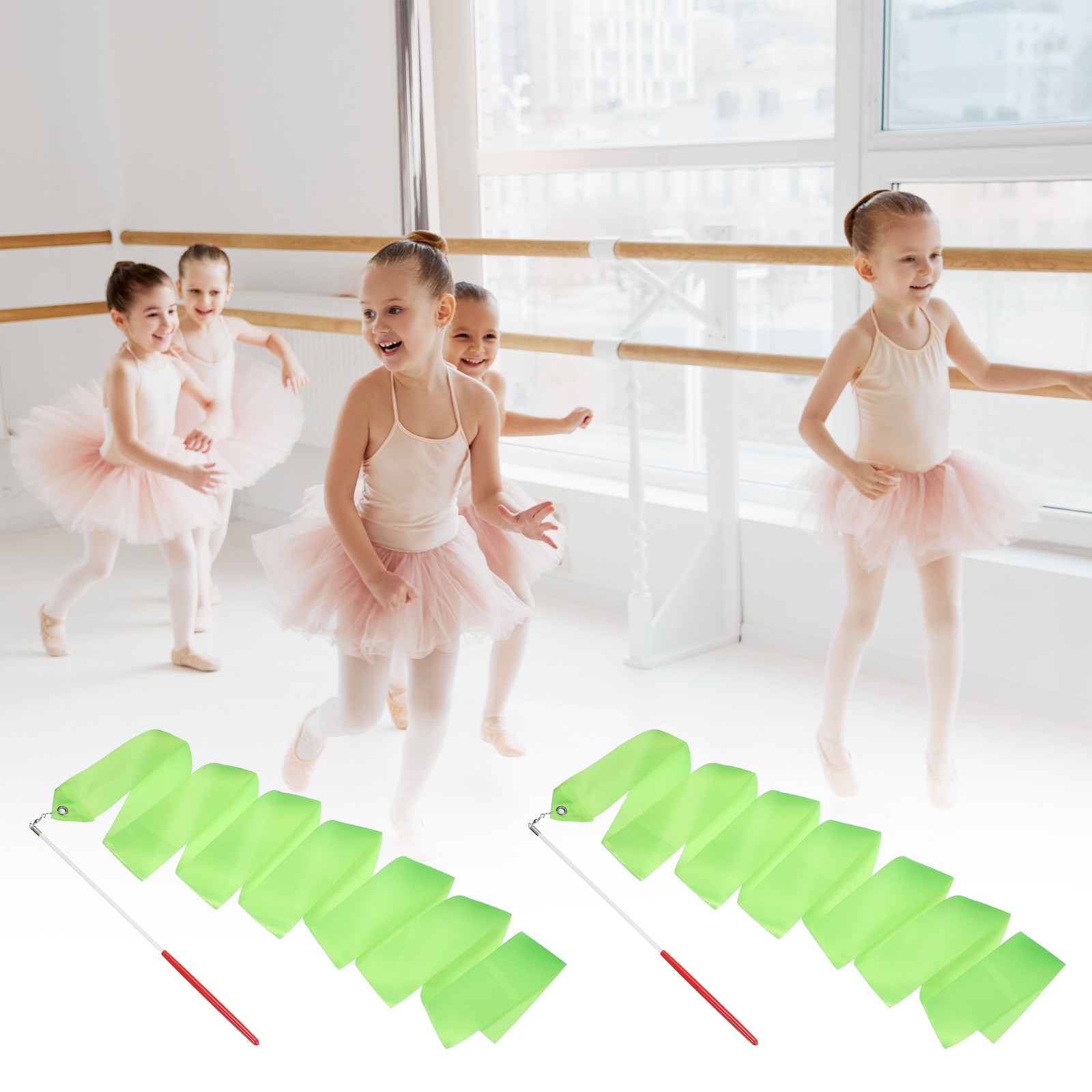 2Pcs Dance Ribbons 78.7" Rhythmic Dance Ribbon with Wands Green]
