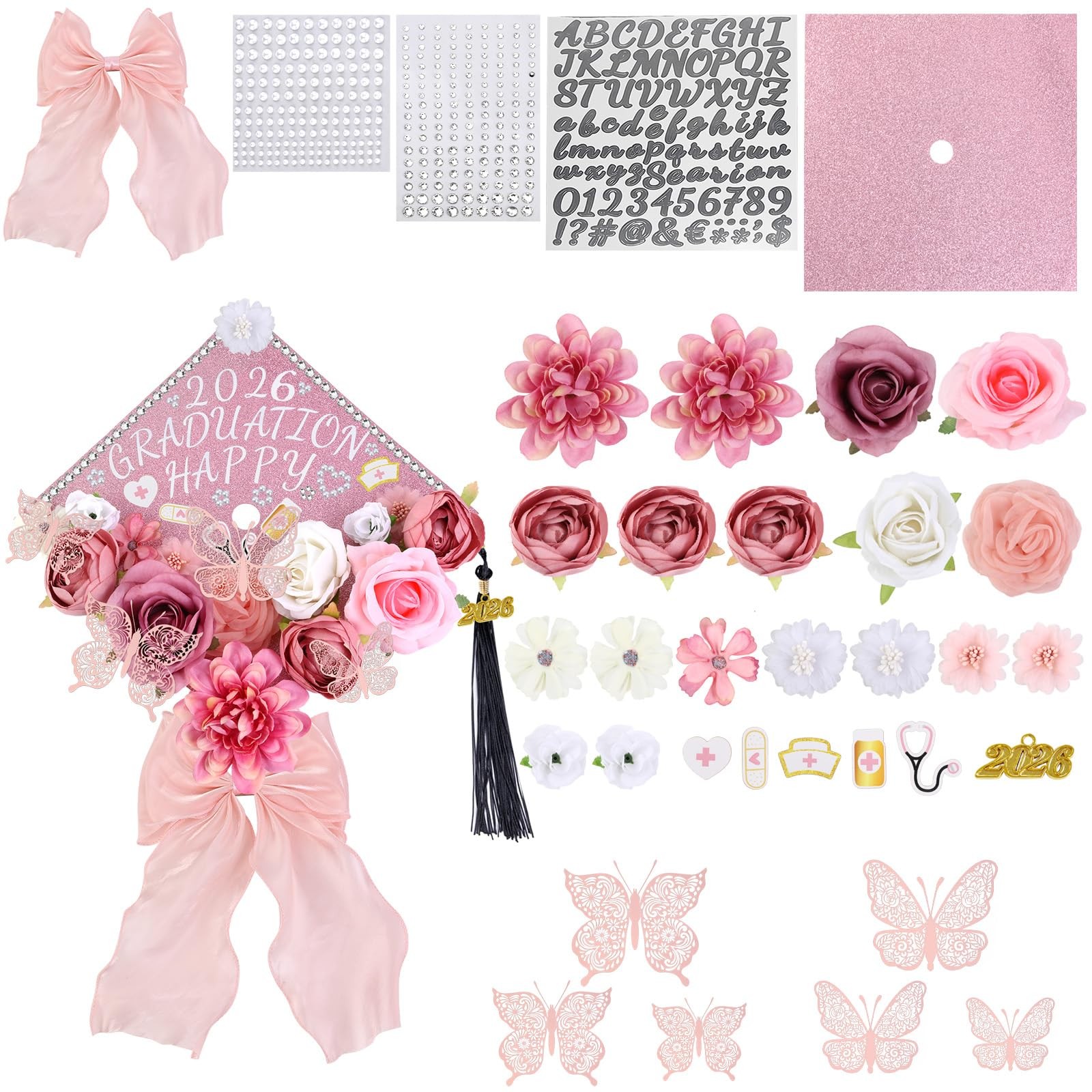 Graduation Cap Decorations Kit Pink Nurse, 2026 Graduation Cap Decorations Ca...