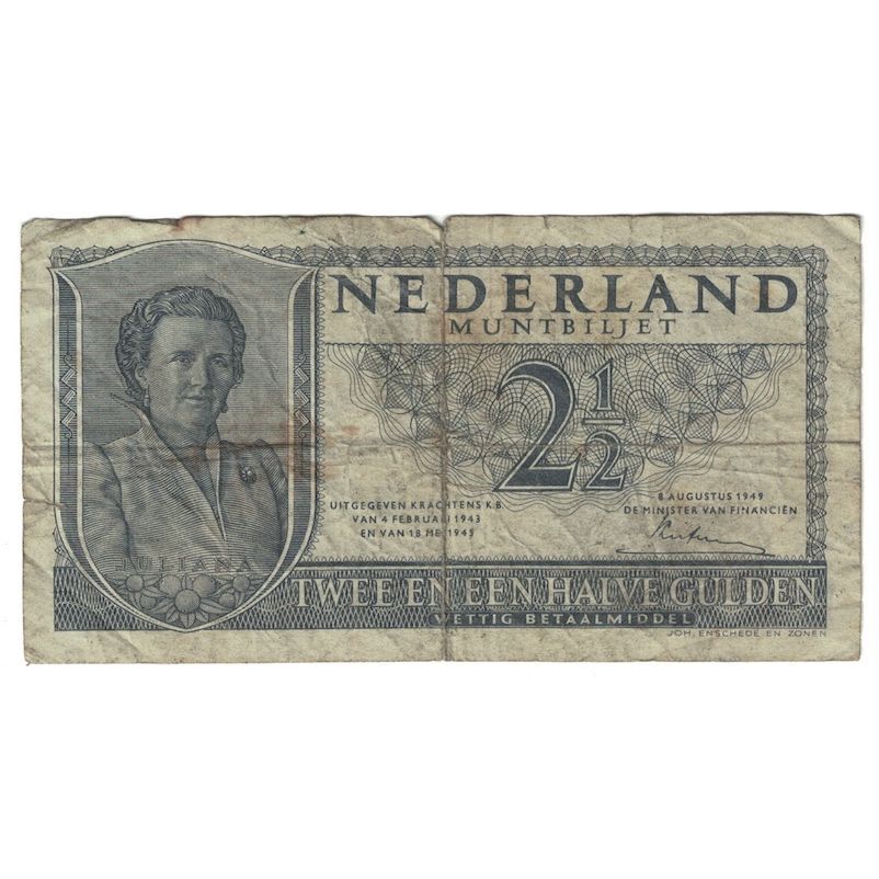 [#391615] Banknote, Netherlands, 2 1/2 Gulden, 1949, 1949-08-08, KM:73, F(12-15)