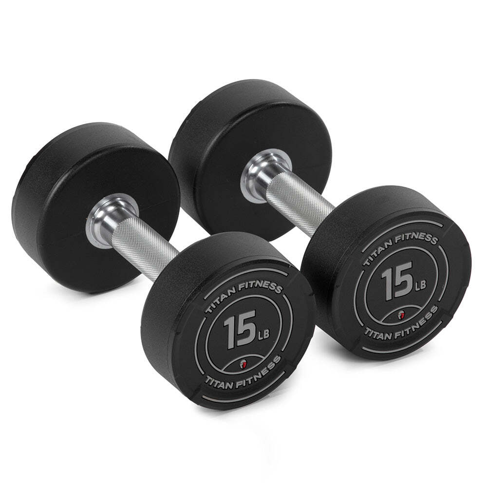 Titan Fitness 15 LB Set Round Urethane Dumbbells, 32mm Medium Volcano Knurling