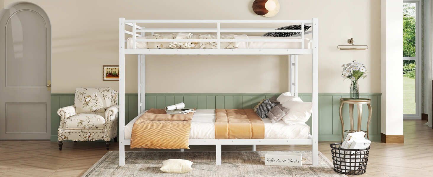 Metal Queen over Queen Bunk Bed Frame for Teens and Adults Space-Saving White