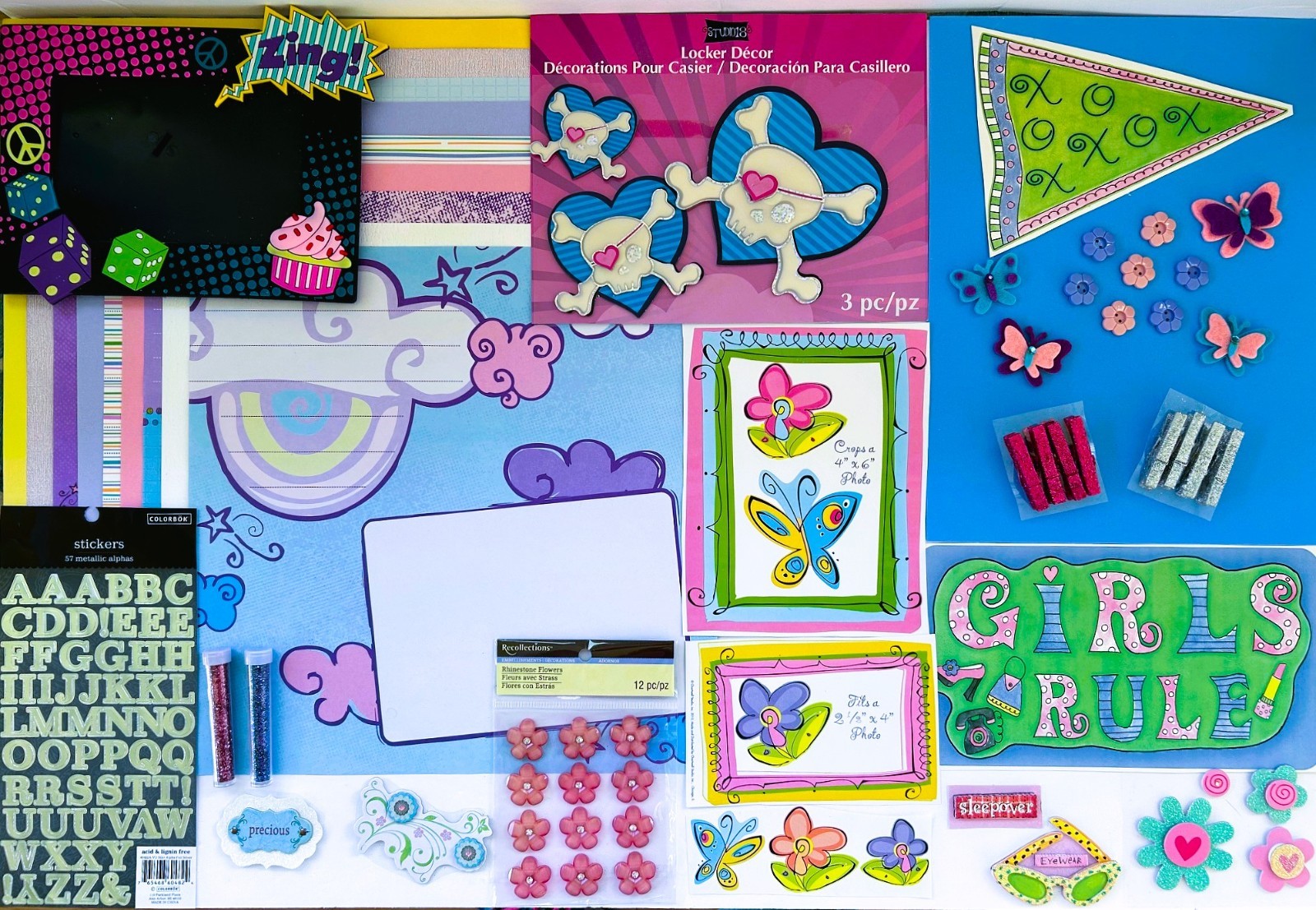 LOT  120 PCS TWEEN GIRLS SCRAPBOOK PAPERS,STICKERS, EMBELLISHMENTS, PHOTO FRAME