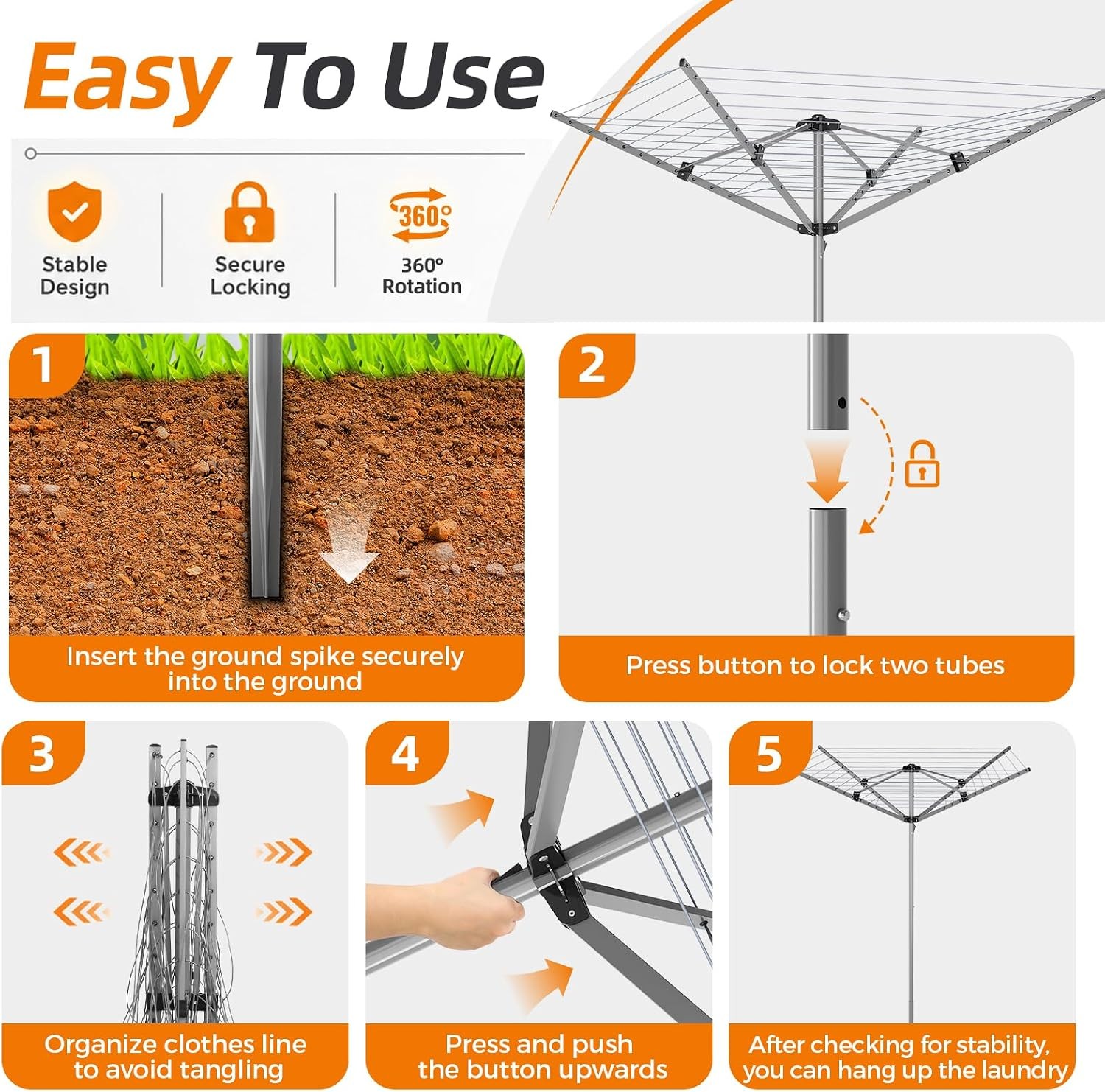 131FT Outdoor Collapsible Drying Rack with 4-Arm Rotary Design
