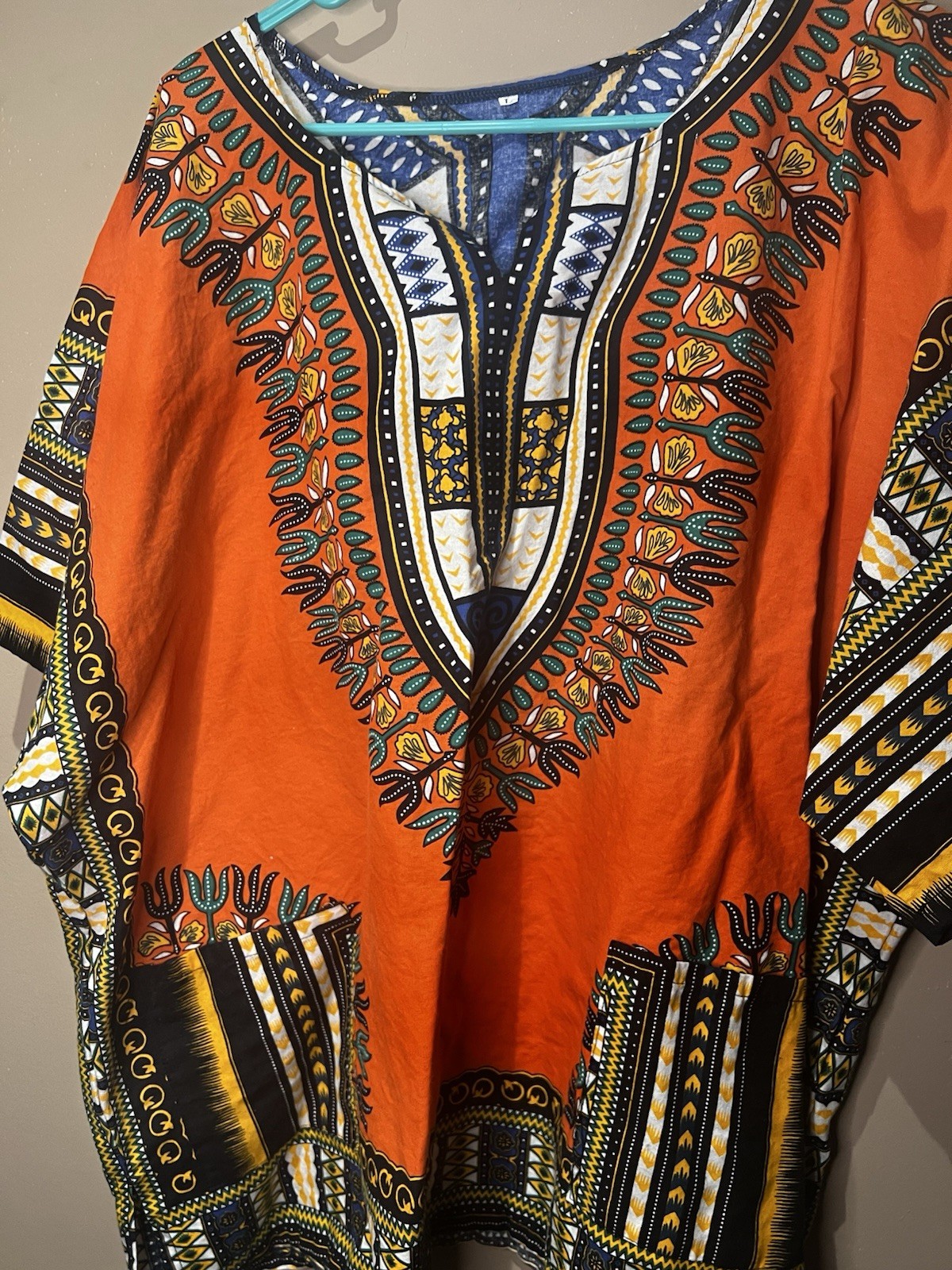 Unisex Orange African Dashiki Top. Multi Color. Large. Short Sleeve. 100% Cotton