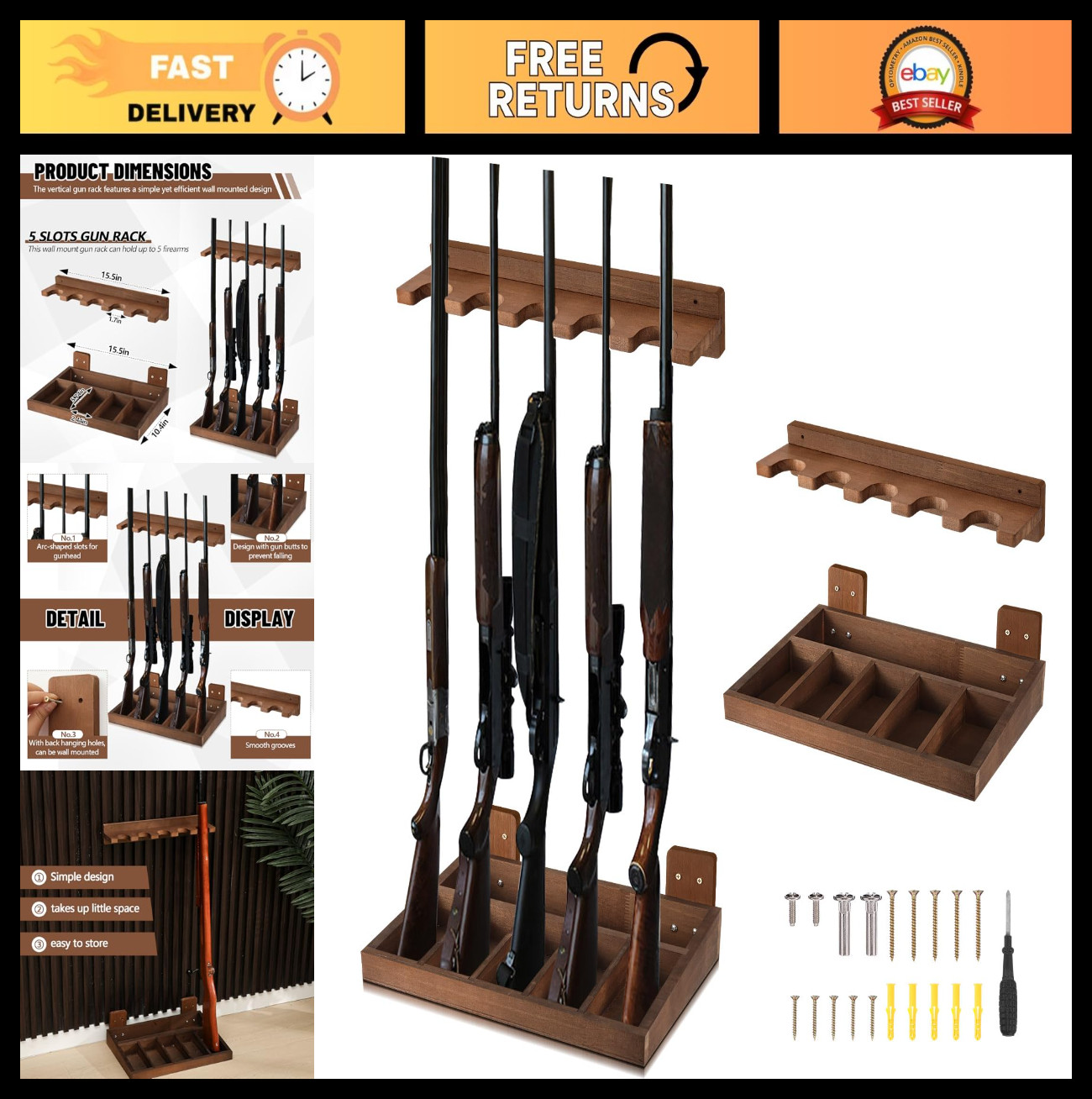 Vertical Wooden Gun Rack Wall Mount for 5 Long Guns - Shotgun & Rifle Display Ho