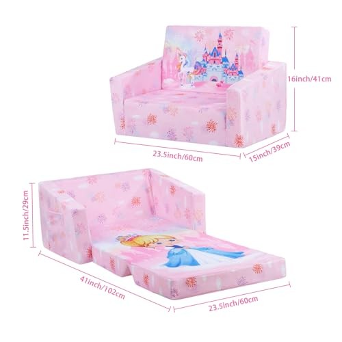 Foldable Kids Sofas Couch 2 in 1 Children Convertible Sofa to Lounger Princess