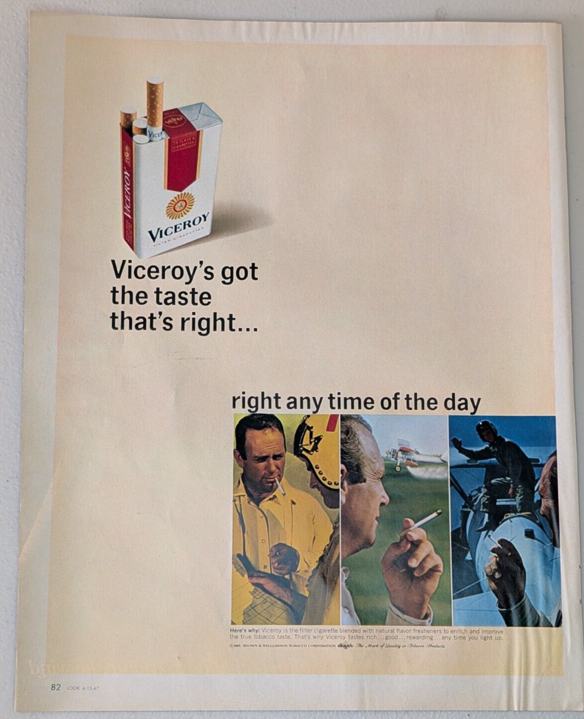 1967 Viceroy Vintage Print Ad Cigarettes Tobacco Biplane Pilot Flight Smoking