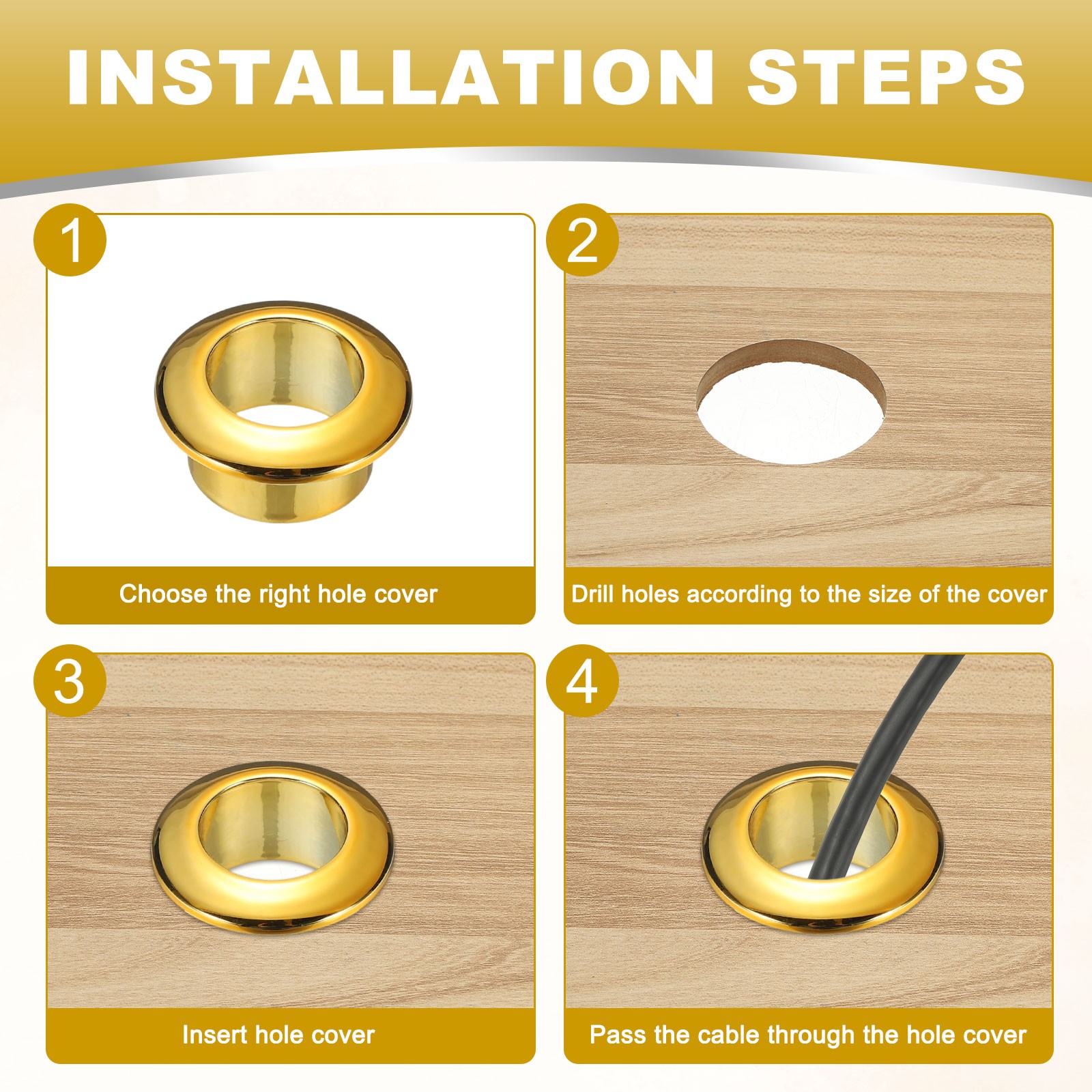 4-Pack Desk Grommet, 1.7 Inch Plastic Desktop Cable Hole Cover [Gold]