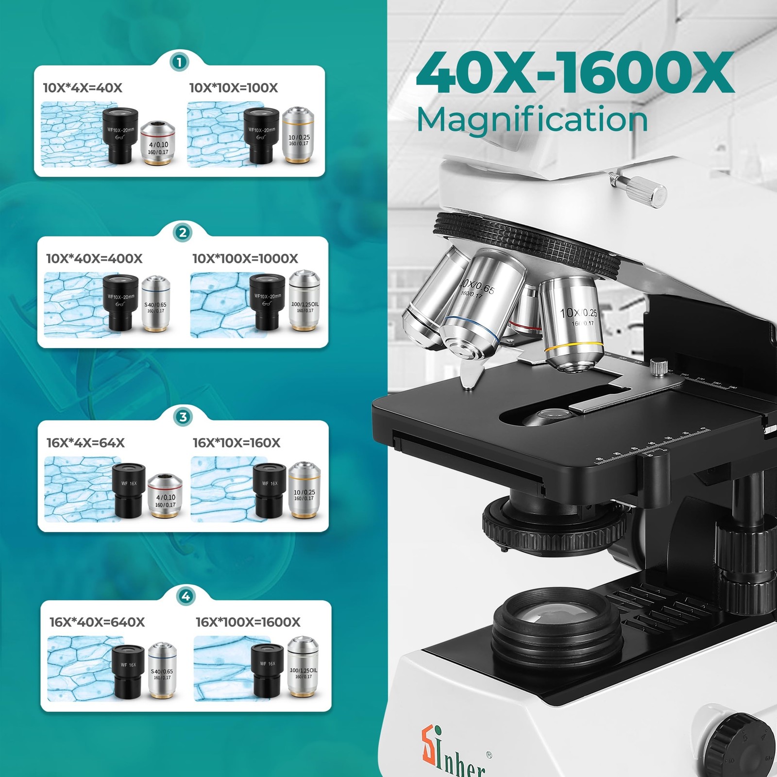 Sinher XSZ-2108A Professional lab Compound Binocular microscopes 40X-2000X Ma...