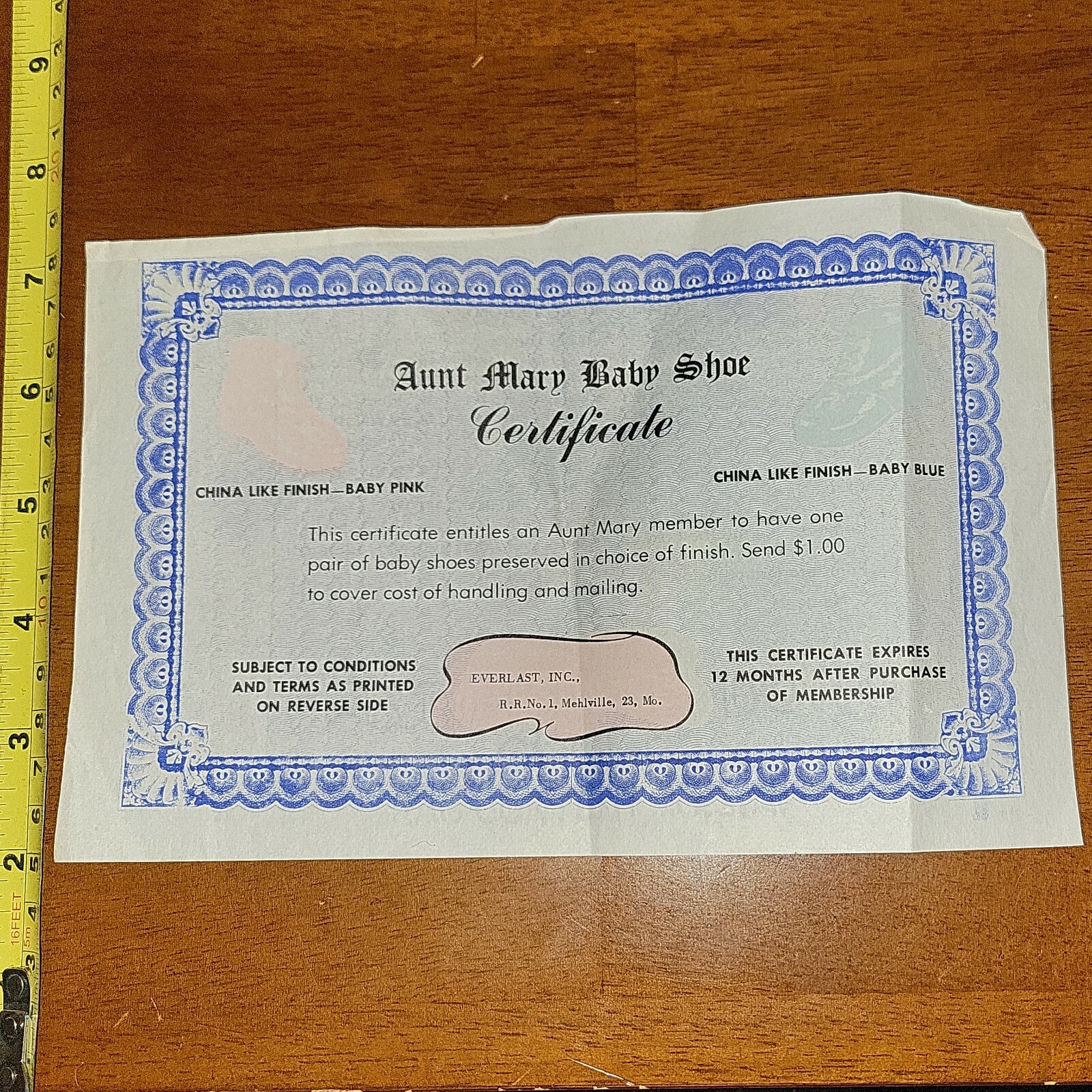 AUNT MARY BABY SHOE CERTIFICATE EVERLAST INC MEHLVILLE MISSOURI VINTAGE AD
