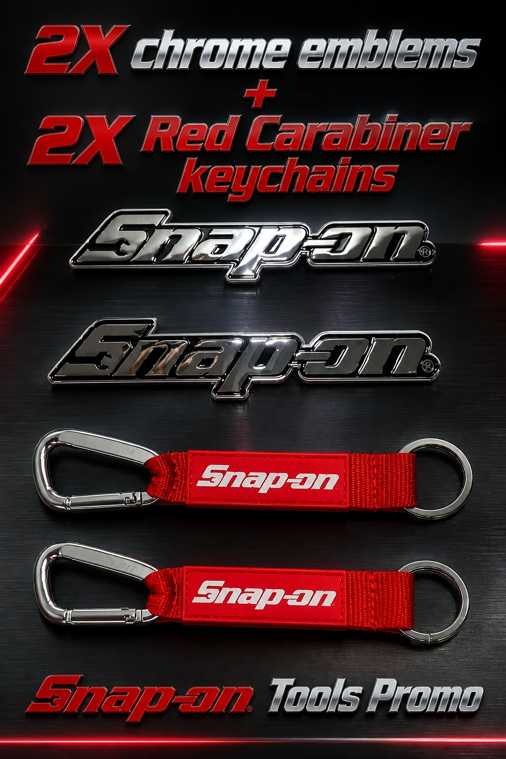 2PK SNAP ON TOOLS LOGO EMBLEM Chrome Badge Decal + 2X Keytags RED Carabiner NEW!