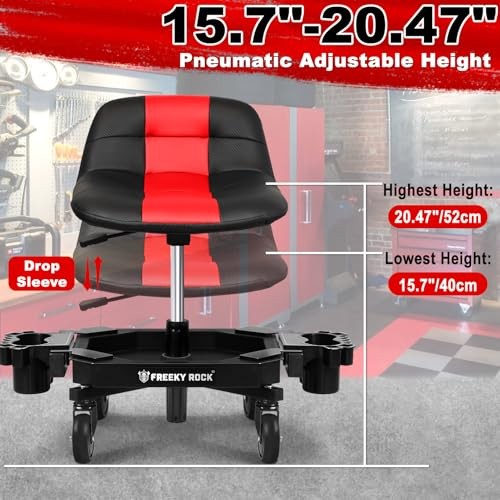 Rolling Stool with Wheels, Adjustable Height Pneumatic Garage Work Mechanic Red