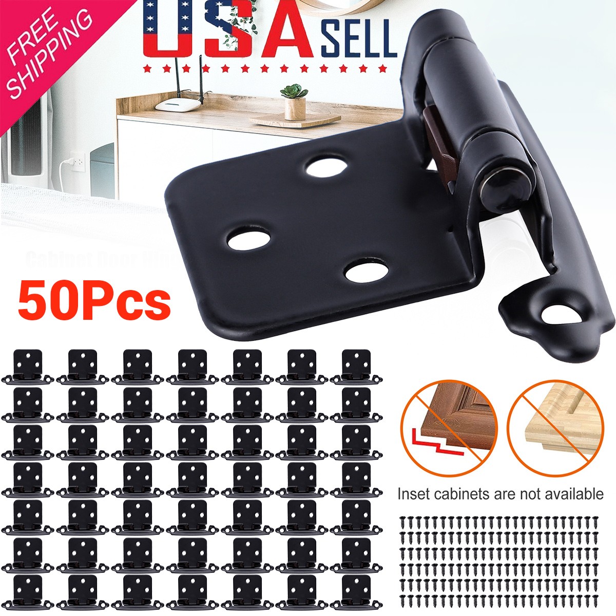 50 Pcs Matte Black Cabinet Hinges Overlay Self Closing for Kitchen Cabinet Door