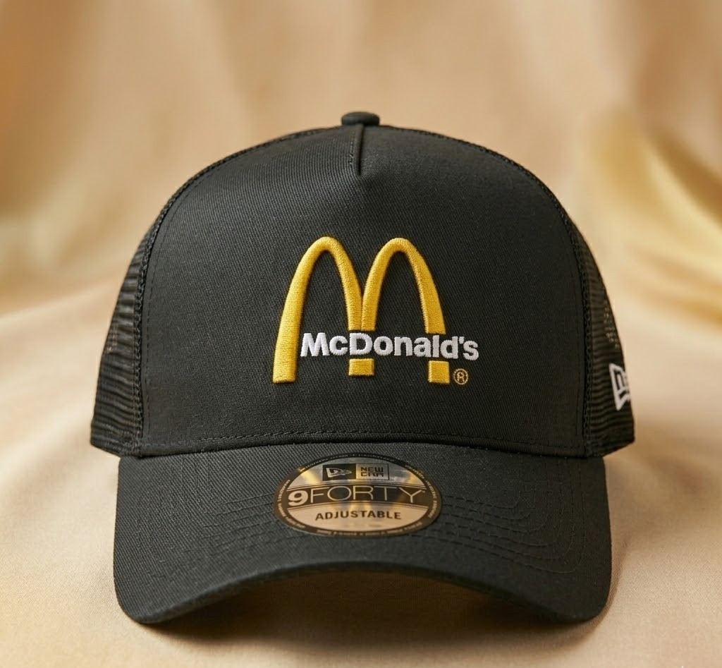 Trucker Hat McDonald's Logo Embroidered Black Mesh Snapback Cap