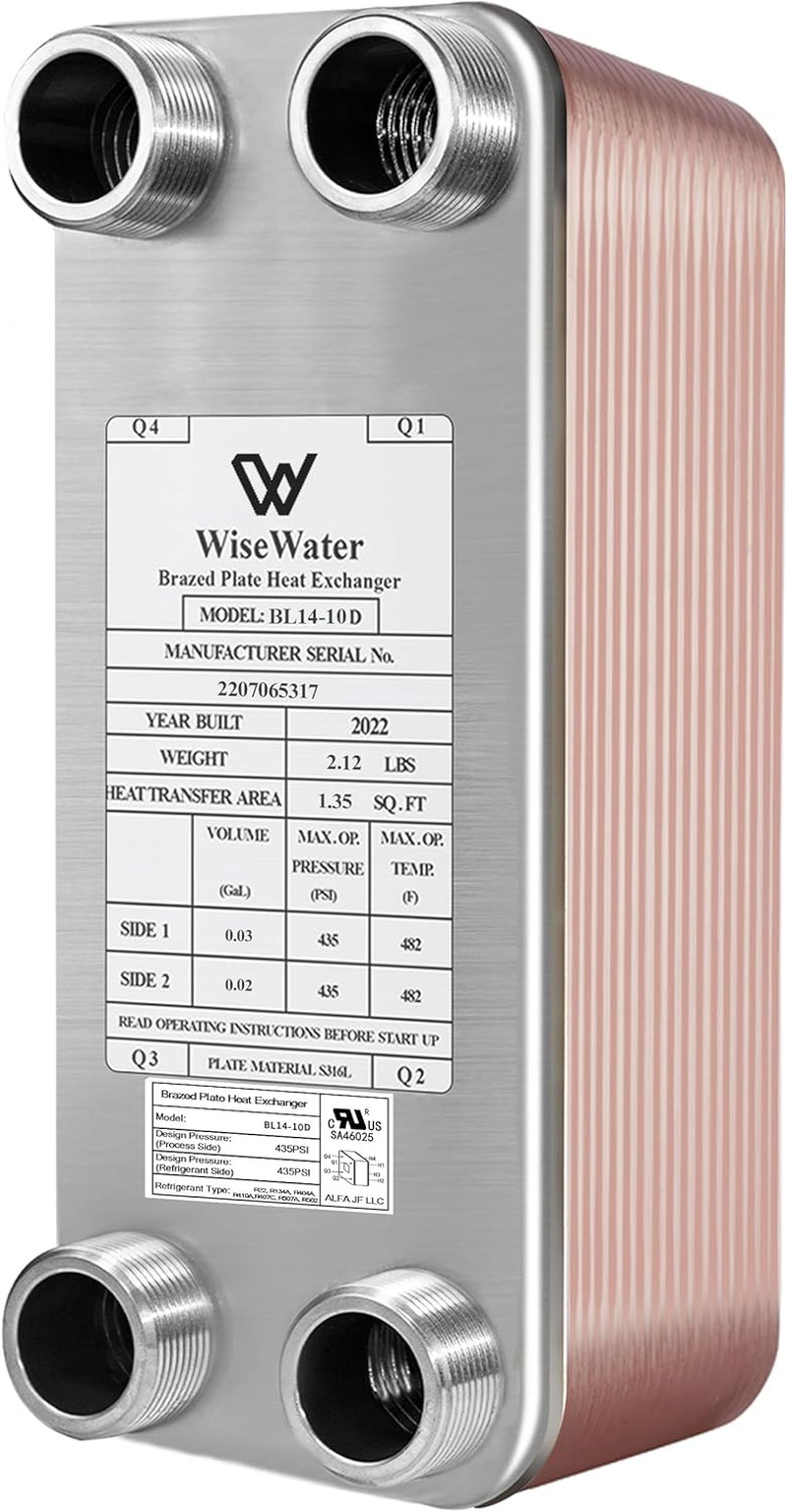 Plate Heat Exchanger, 3"X8" 10 Plates Water to Water Heat Exchanger, Copper/Ss31