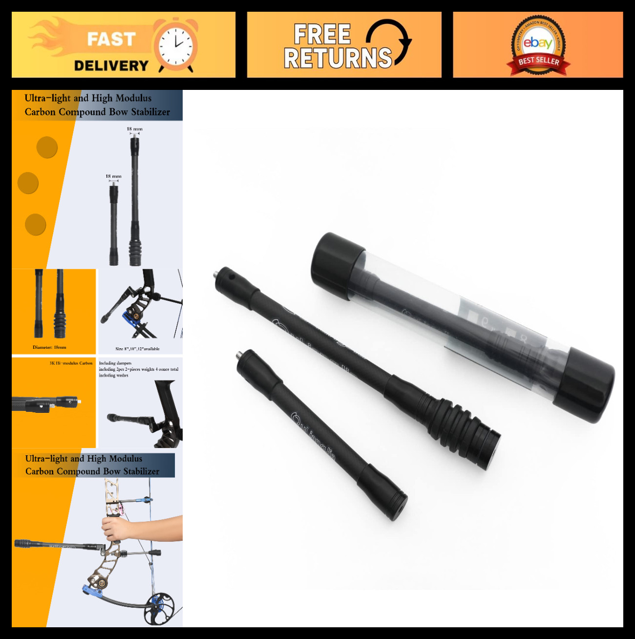 Lightweight Archery Compound Bow Stabilizer, 3K Carbon, 8/10/12 Inch with Damper