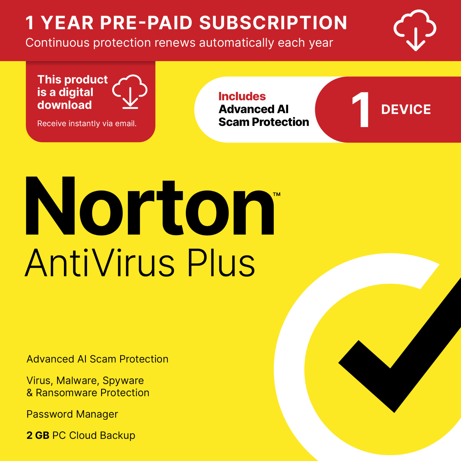 Norton Antivirus Plus 2026 | 1 Device | Digital Download Code Sent by Email