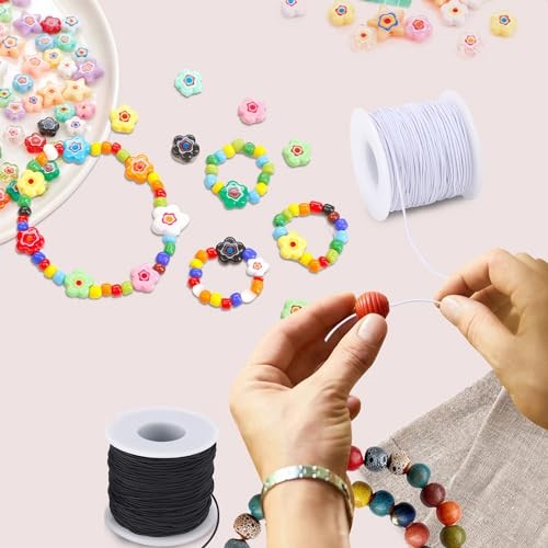 Elastic String for Bracelets, 4 Rolls Black and White String for Bracelet