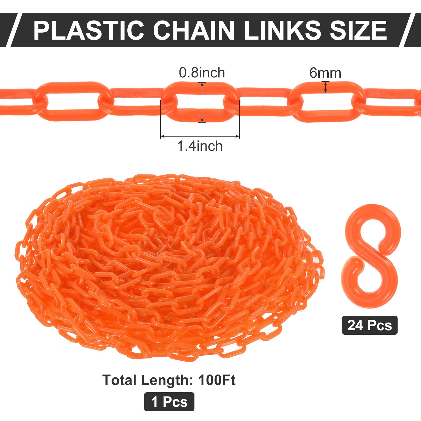 Plastic Chain Links 100 Foot Safety Barrier Chain Orange for Parking