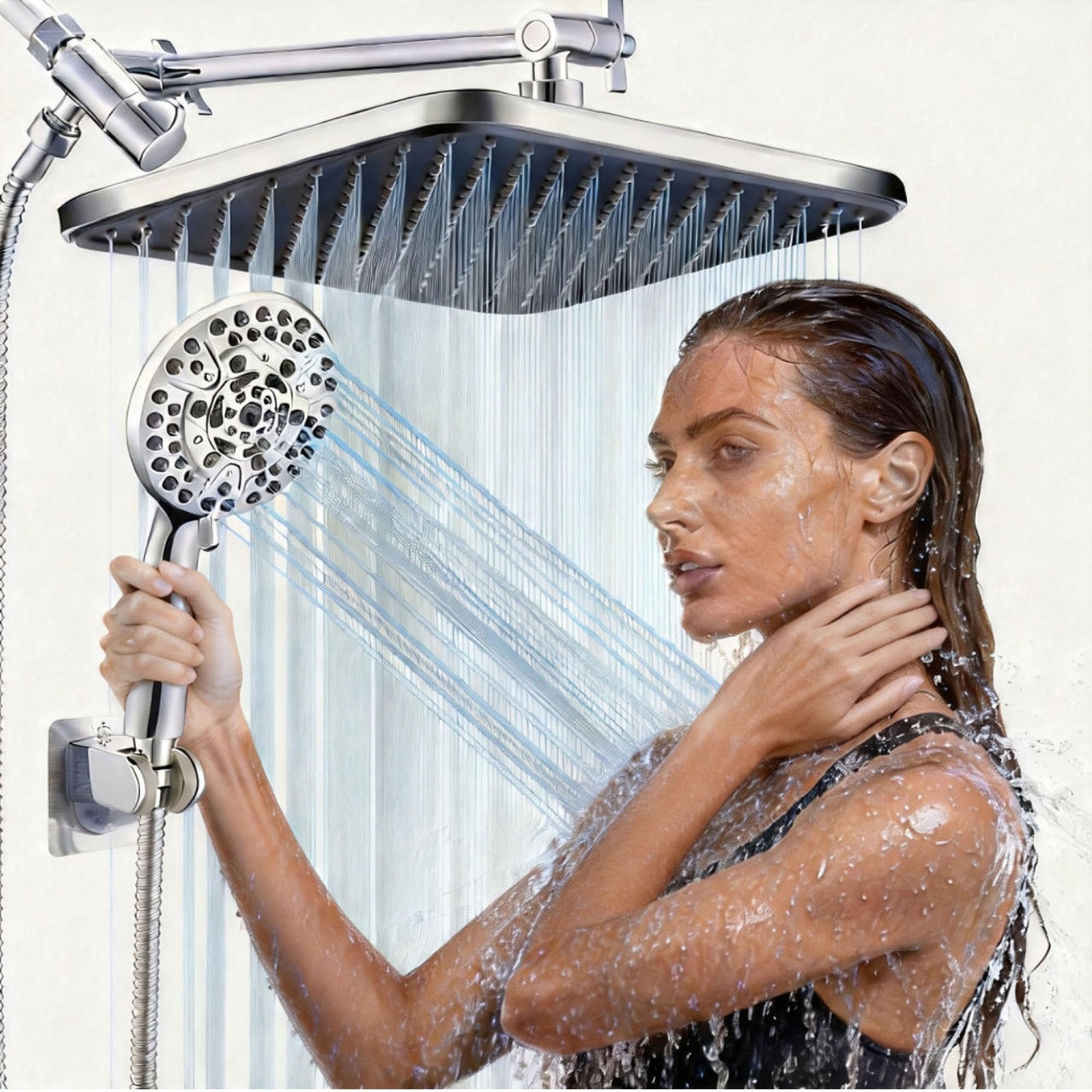 BSTKEECL 14" Rain Shower Head Handheld Spray 10 Modes Long Hose Adjustable Arm