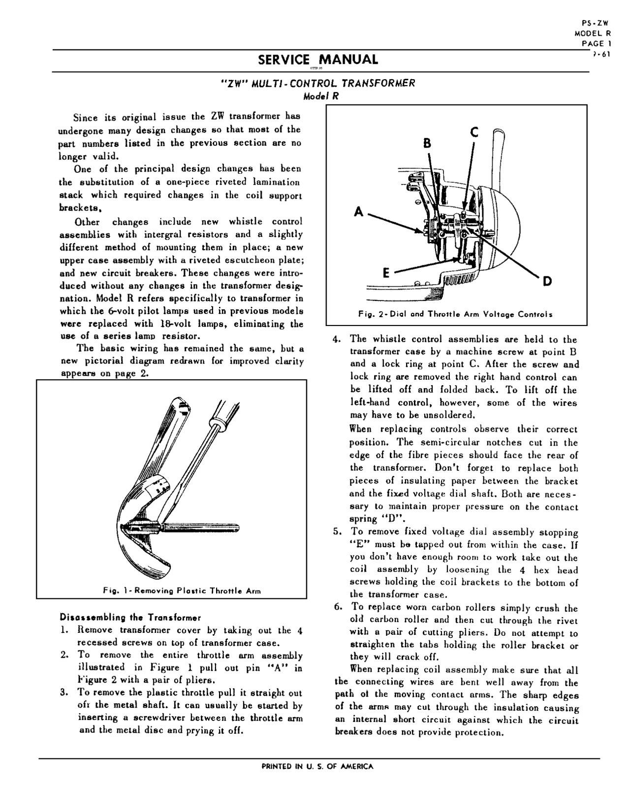 Copy Of The Original Service Manual For The Lionel ZW275 Watt R Transformer