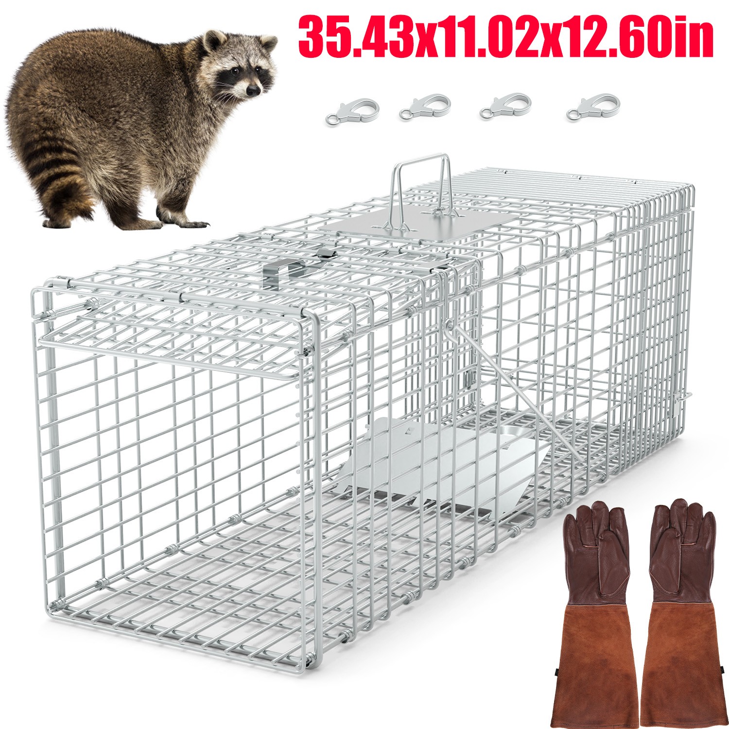 35x11x12.6" Humane Live Cat Trap Cage with Gloves Metal Live Animal Rodent Cage
