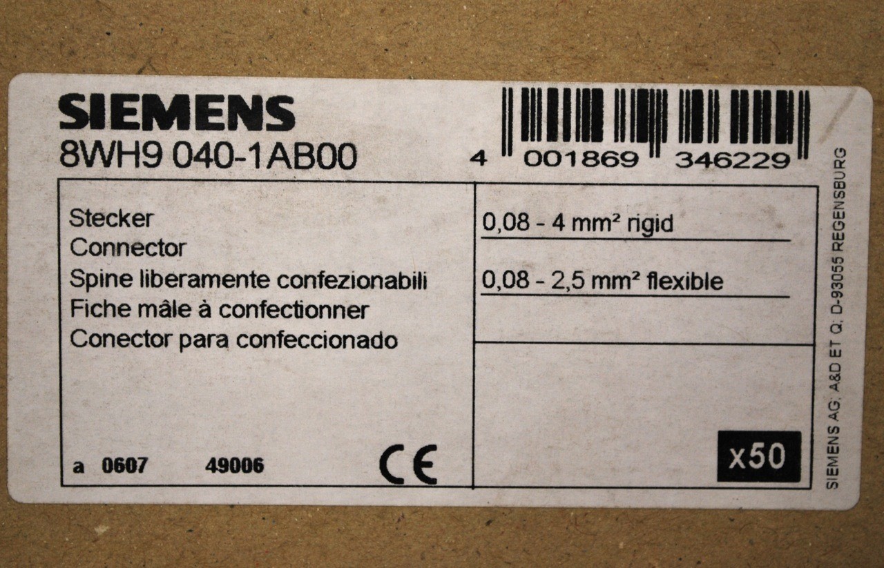 Siemens 8WH9040-1AB00 Plug Non Bridgeable, Left, Size 2.5 Gray - Box of 50 - NEW