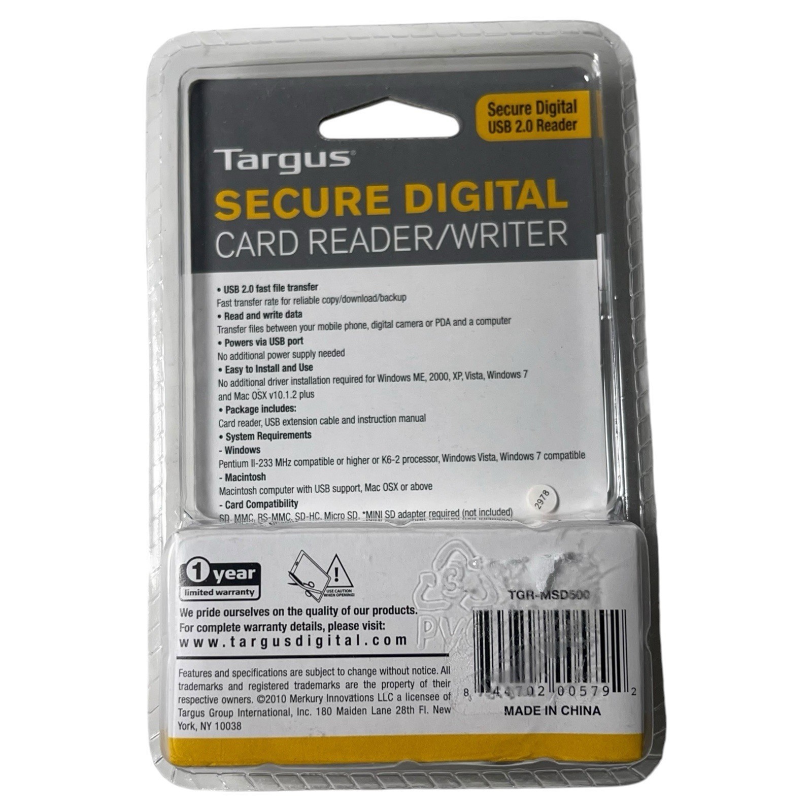 Targus Secure Digital SD Card Reader Writer USB High Speed For PC/Mac New