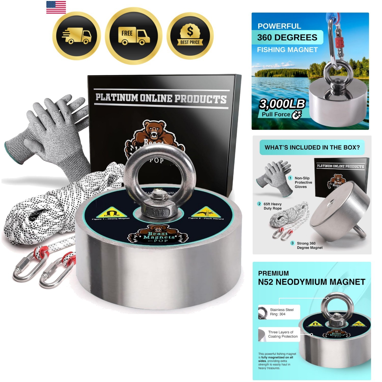 3000lb Complete 360 Degree Magnet Fishing Kit | Includes Strong 360 Neodymium...